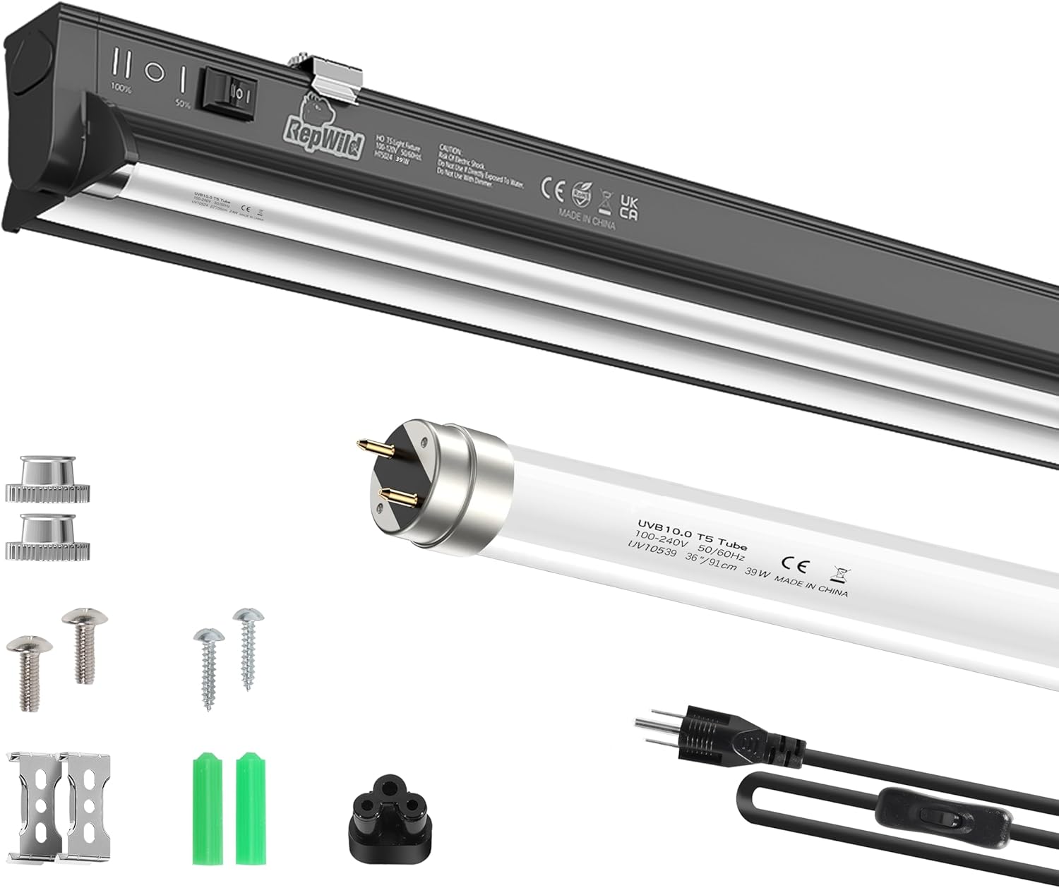 T5 HO 10.0 UVB Light for Reptiles, 39W Light Fixture Combo Kit with Switchable 5.0 & 10.0 UVB Output, 34" Fluorescent Tube UVA UVB Reptile Light for Reptile Eco-Tanks and Aquariums