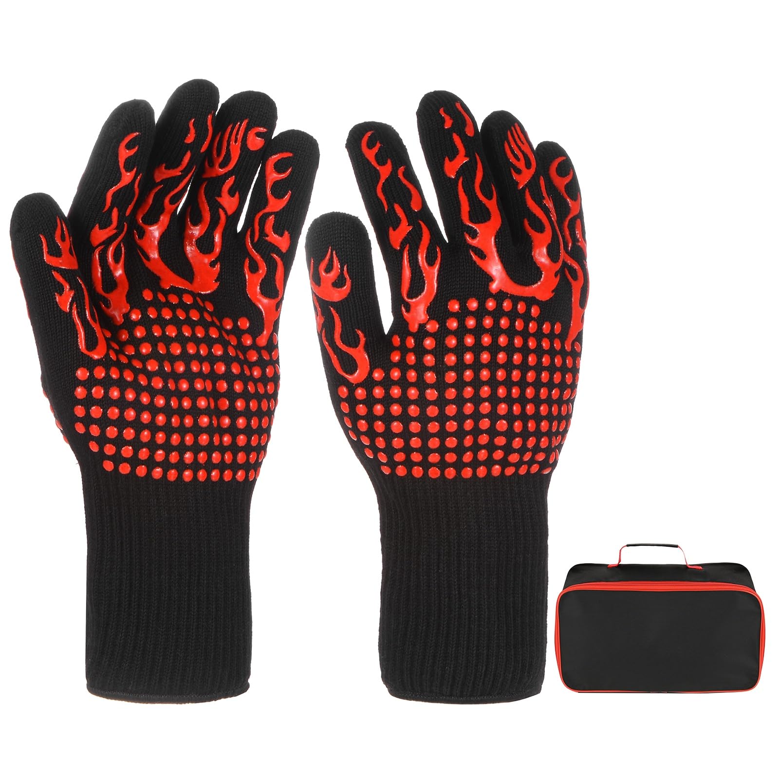 M METERXITY 1 par de guantes para barbacoa, resistentes al calor a 800.0 °C, antideslizantes, para parrilla, hornear, cocinar, con bolsa de almacenamiento [patrón de llama L, rojo]
