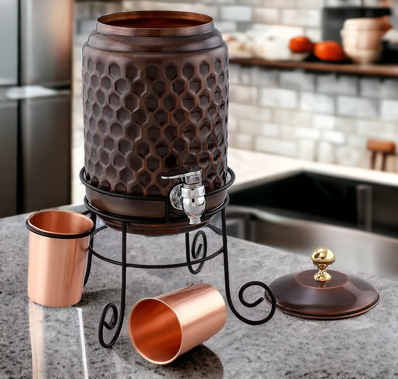 GRD International ORB Diamond Embossed Copper Water Dispenser with 2 Glass | Copper Water Tank | Capacity- 4.5 Liter