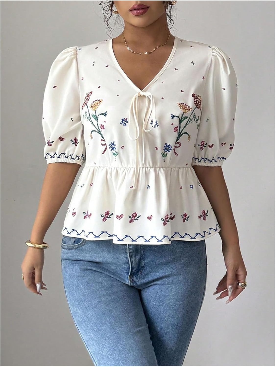 SOLY HUX Women's Floral Print Tie Front V Neck Summer Peplum Blouse Half Sleeve Boho Babydoll Shirt Tops - Image 2