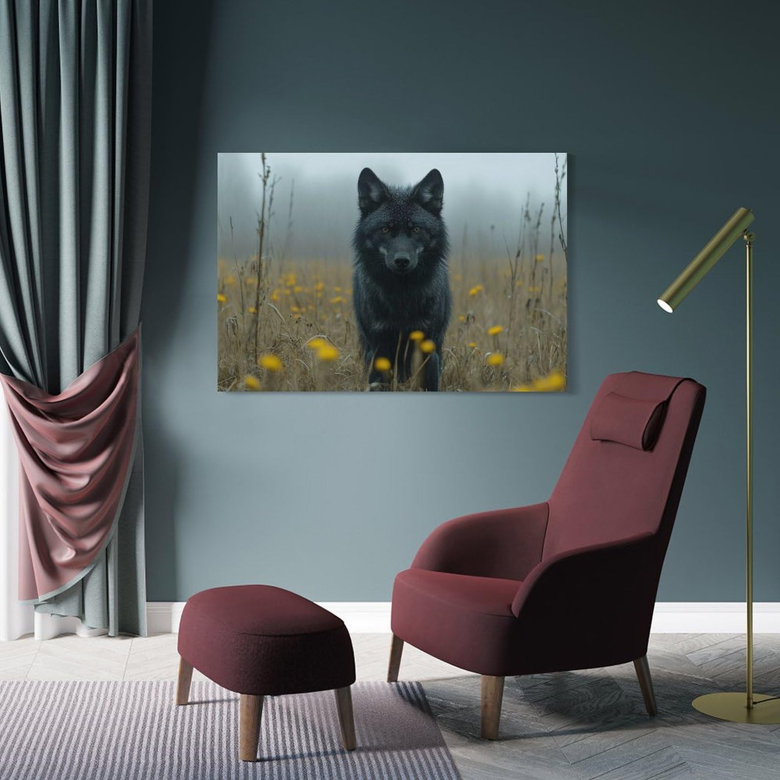 Junmoney Wall Decor Canvas Print Black Wolf in Meadow, 20x30inch(50x75cm), for Front Hall, Corridor Or Welcome Spaces, A Neat Decor Update for Hallways