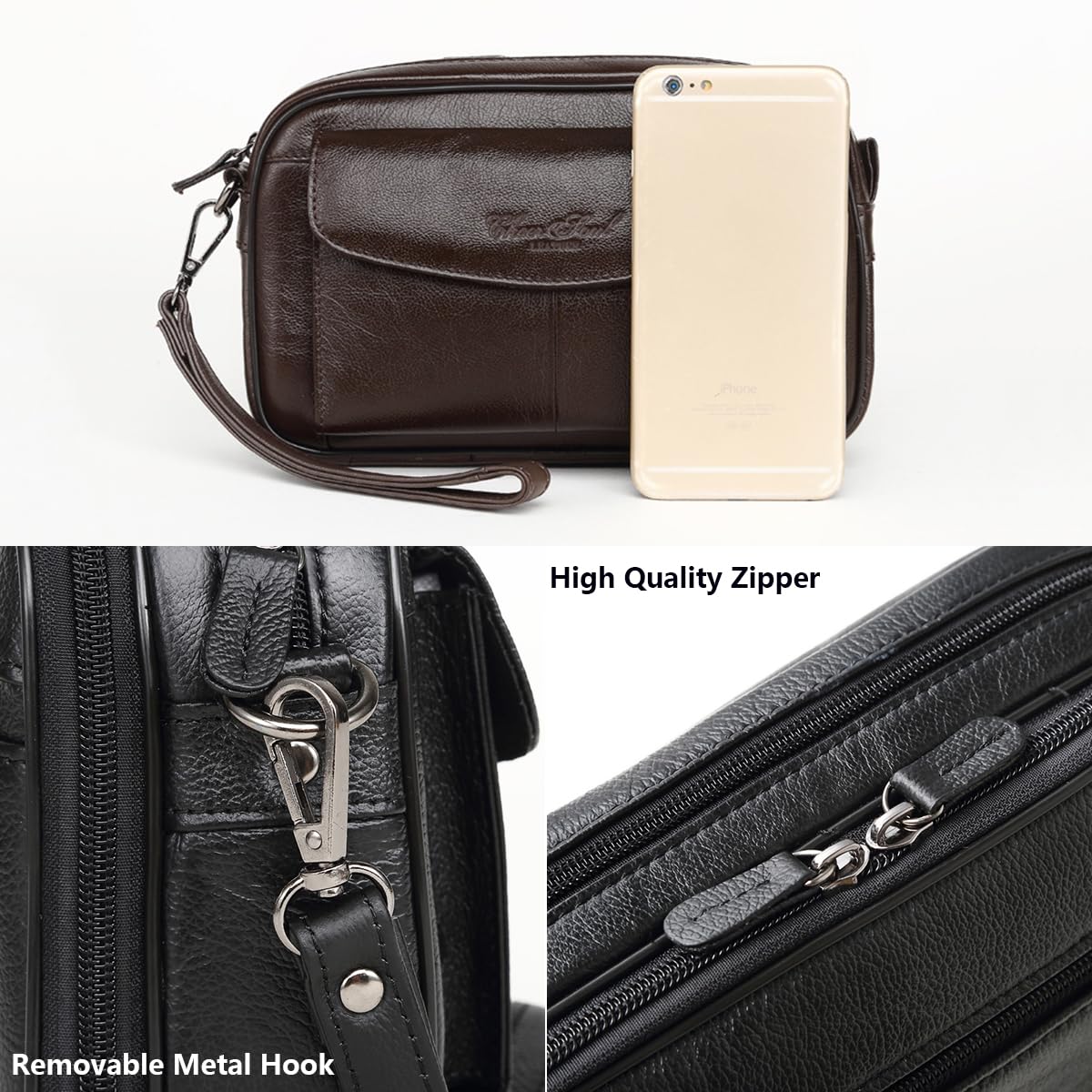 Uomo Pochette Clutch Portafoglio Lungo in Vera Pelle con Cinturino da Polso, Piccolo Borsa a Mano di Affari per Telefono, Borsa da Viaggio con Cerniera di Grande Capacità Portamonete Casual