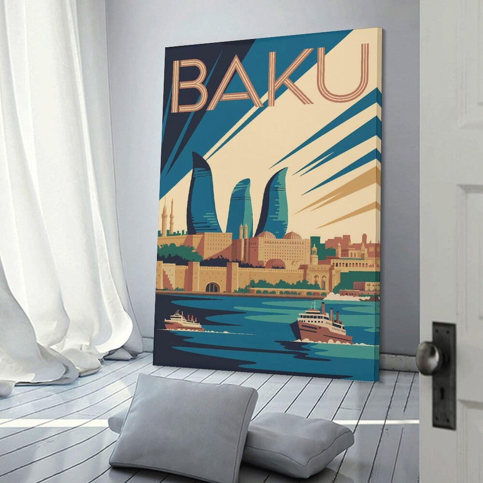 Junmoney Baku Cityscape Travel (3) Canvas Wall Art, 20x30inch(50x75cm), for Living Room, Bedroom Or Apartment Walls, A Home Accent with Warm Character