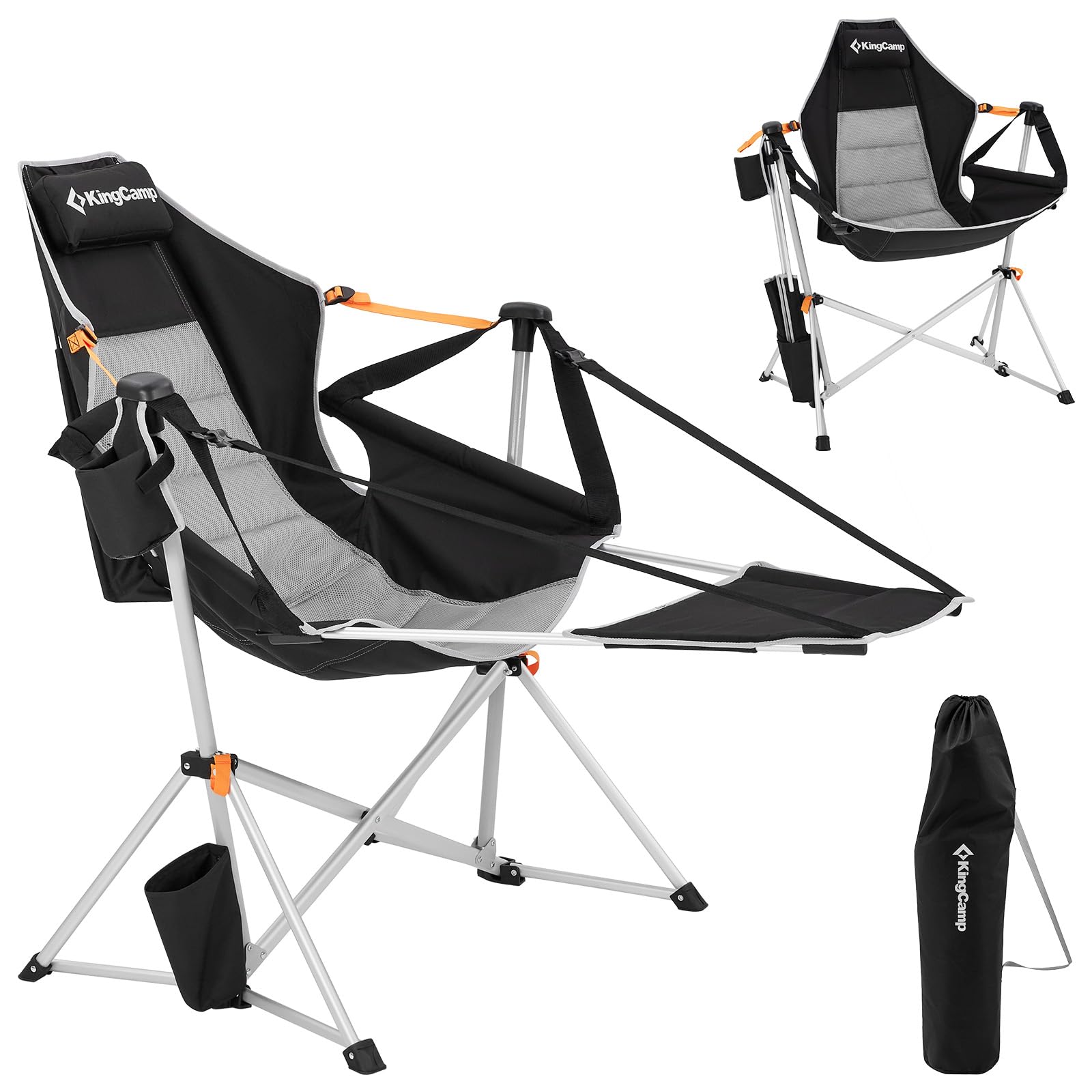 KingCamp Silla Mecedora de Camping con Reposapiés Plegable Negra | Respaldo Reclinable 90-130°, Balanceo Suave, Hasta 180 kg, Reposacabezas, Aluminio, Portavasos para Camping y Jardín
