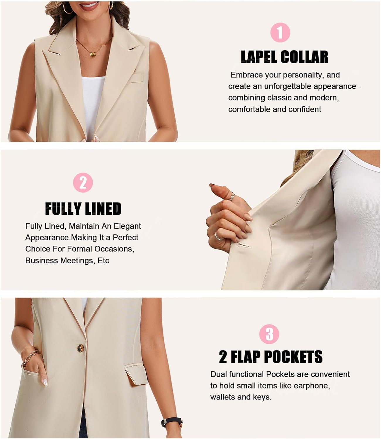 Sleeveless Blazer Vests for Women 2025 Trendy，Fully Lined Fashion Casual Work Office Suit Vest with Pockets - Image 6