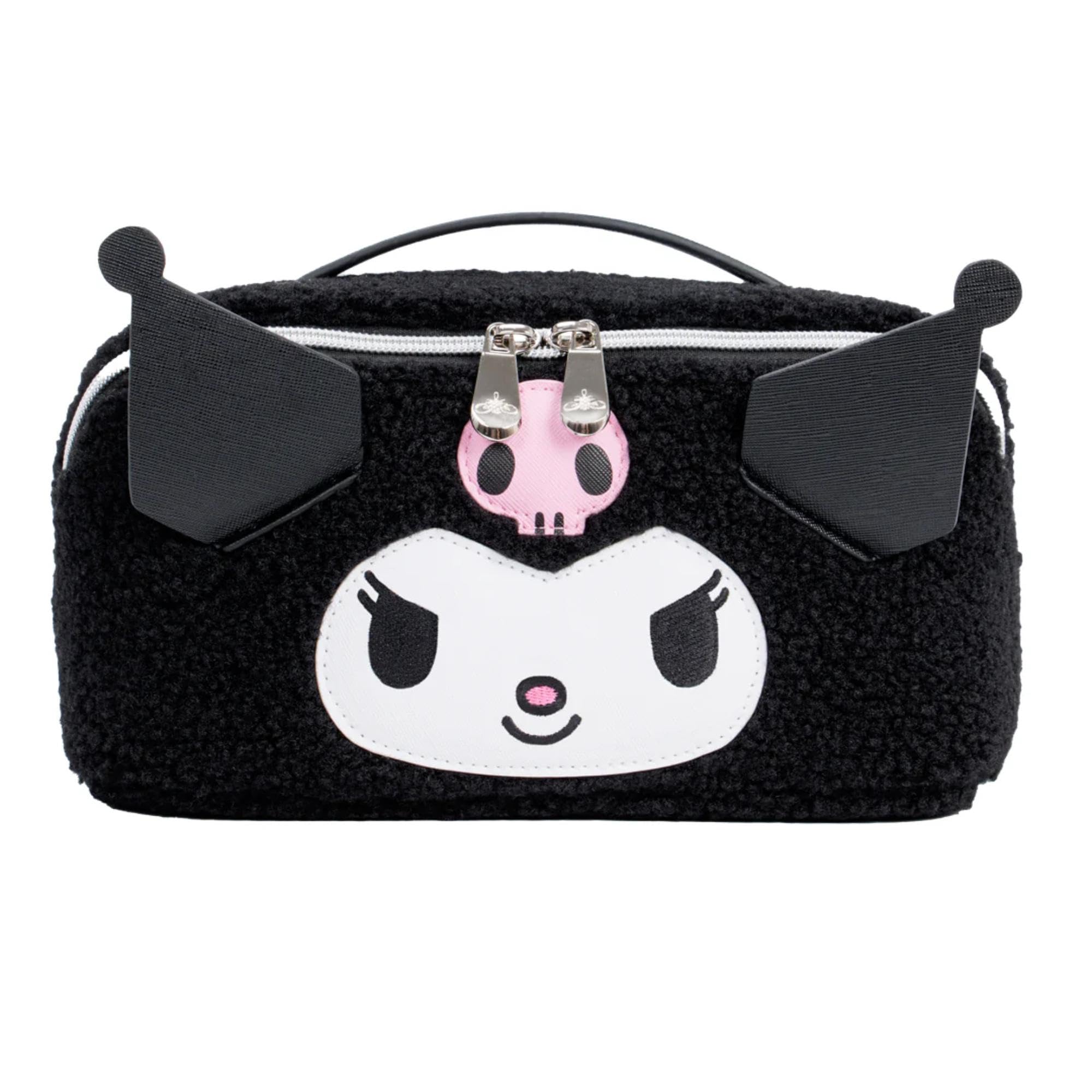 Impressions Vanity Kuromi Unfold Travel Makeup Bag Organizer, Opens Flat Zippered Cosmetic Bag with Cozy Sherpa Fabric Texture, Dual Compartments,