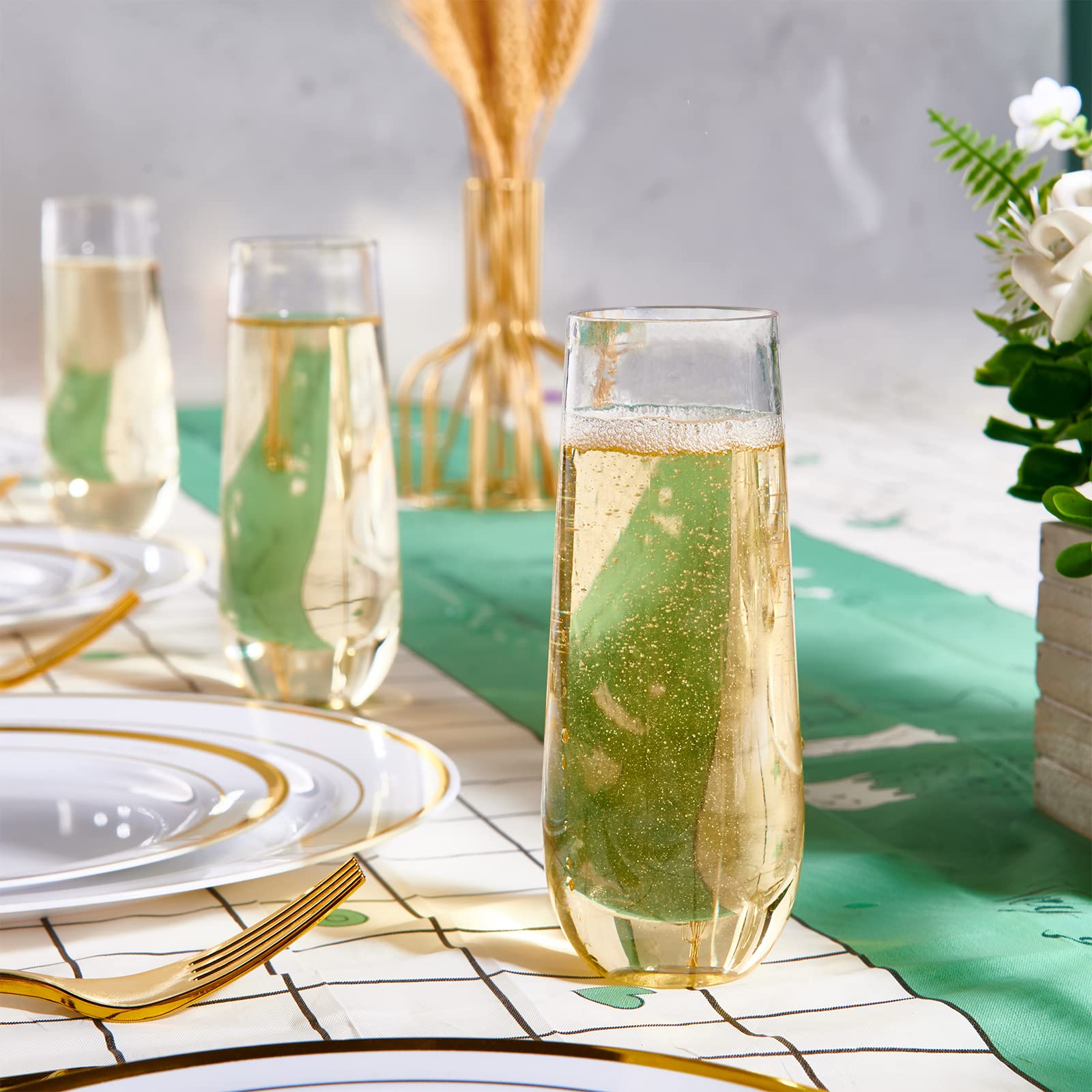 FOCUSLINE 24 Pack Plastic Champagne Flutes 9 Oz Stemless Plastic Champagne Glasses, Heavy Duty Clear Plastic Unbreakable Toasting Glasses | Shatterproof | Disposable | Reusable For Wedding Or Party