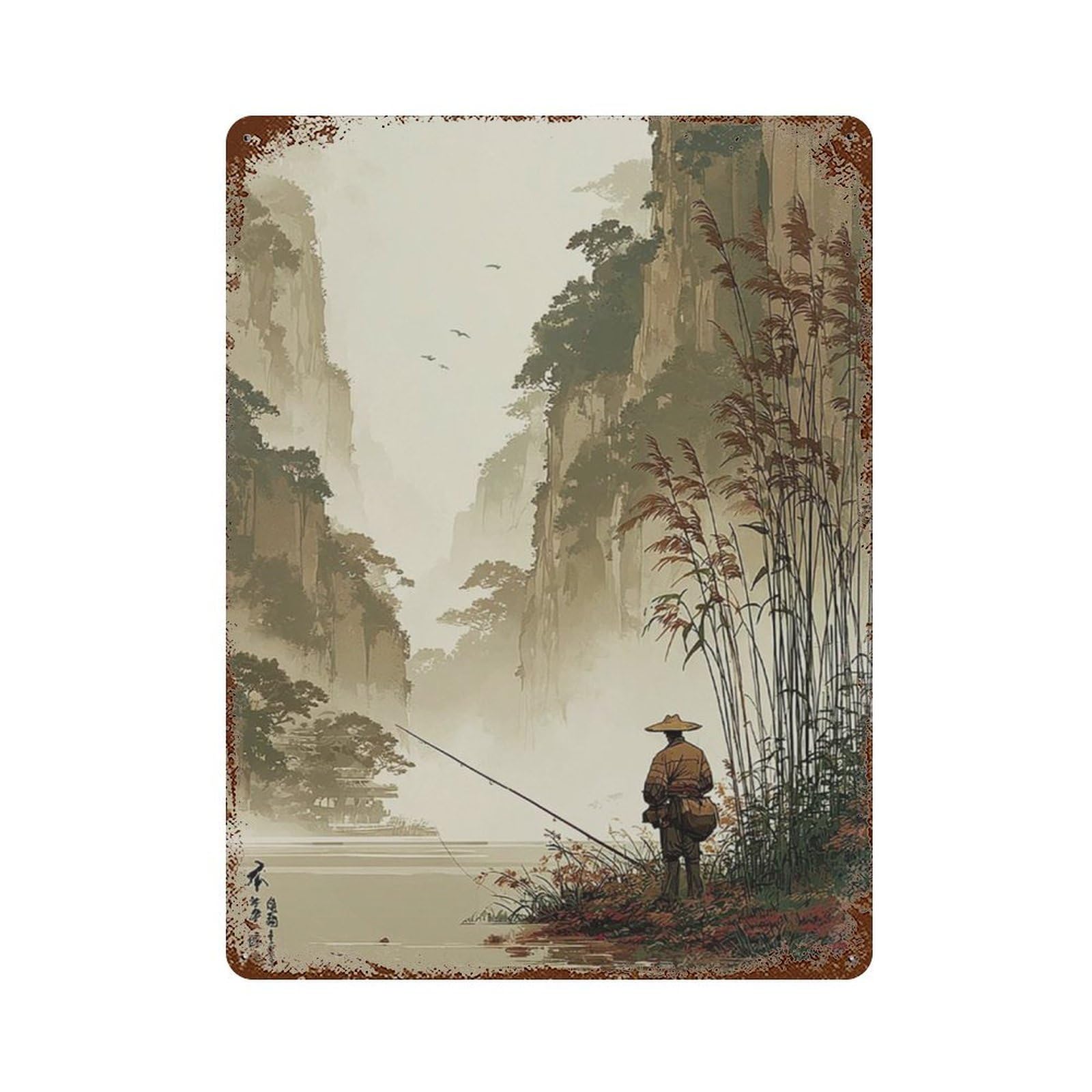 xiaoxiaoshen Misty River Fisherman Japanese Landscape Serene Mountain Lake Scene Wall Decor Art Metal Tin Poster Modern Home Decor Art Home Bar Shop Decorations Vintage Sign 40x30cm