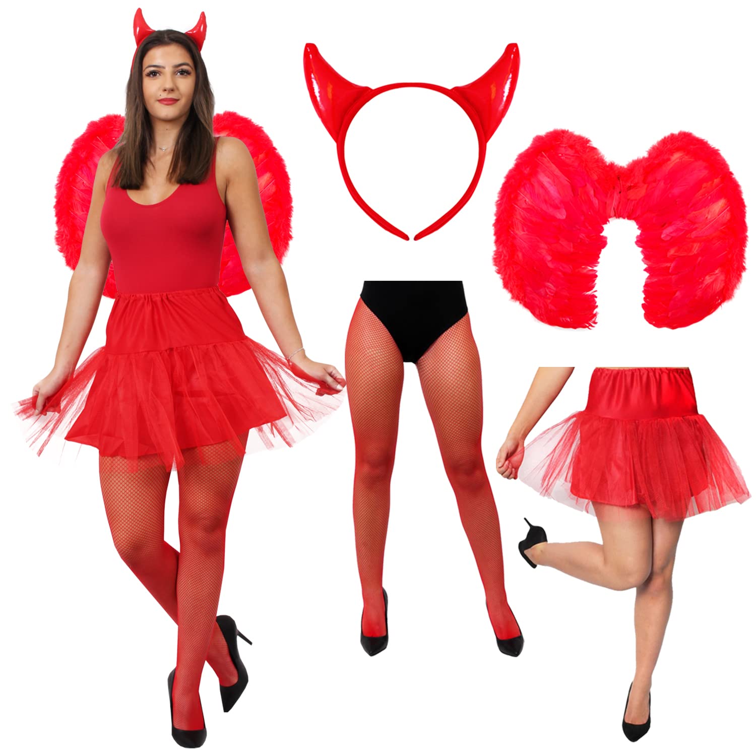 Ladies Devil Fancy Dress - Red Horns, Wings & Net Underskirt + Fishnet Tights - 4-piece Set