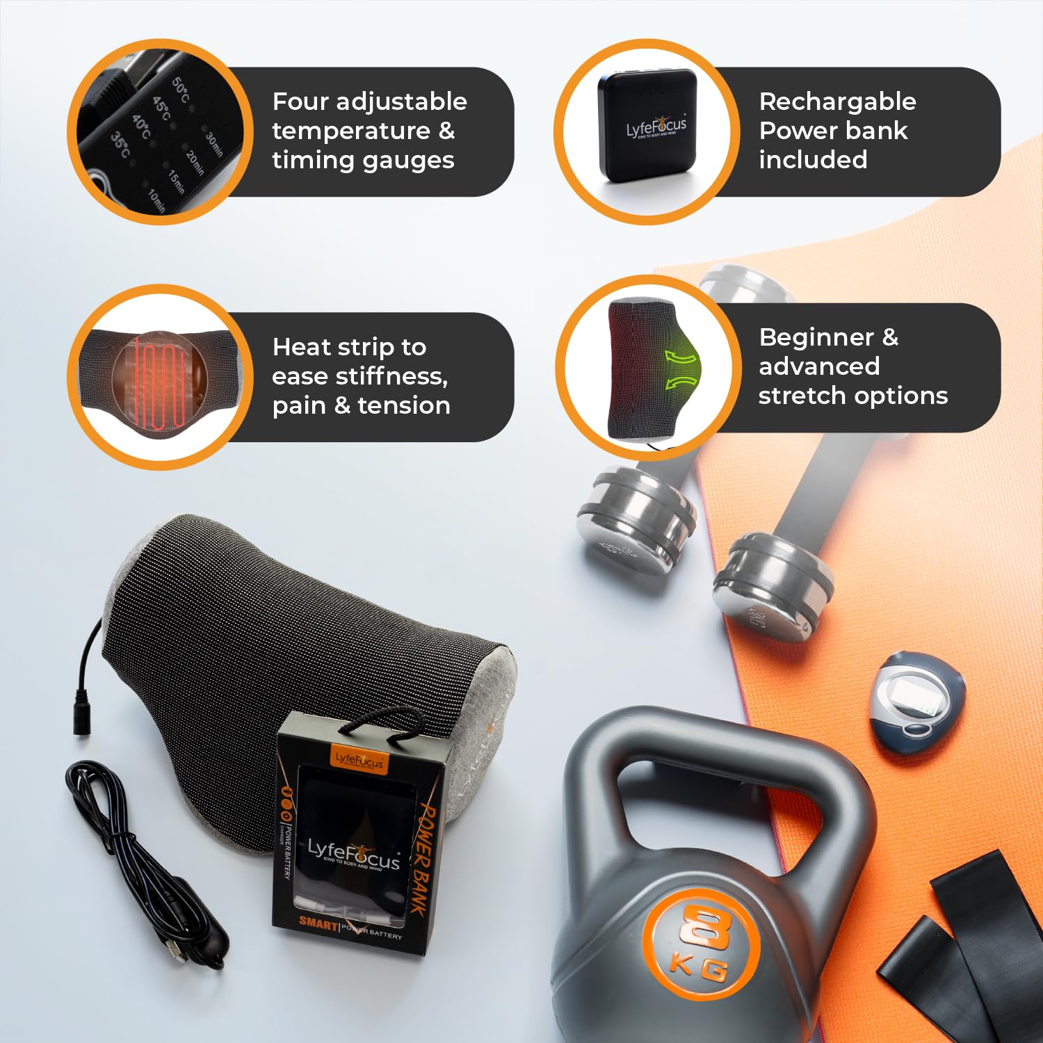 LyfeFocus Etireur de cou avec chaleur pour douleurs dorsales et cervicales – Correcteur de posture avec nœuds fermes conçus pour soulager les tensions musculaires Housse avec chaleur USB, contrôle et
