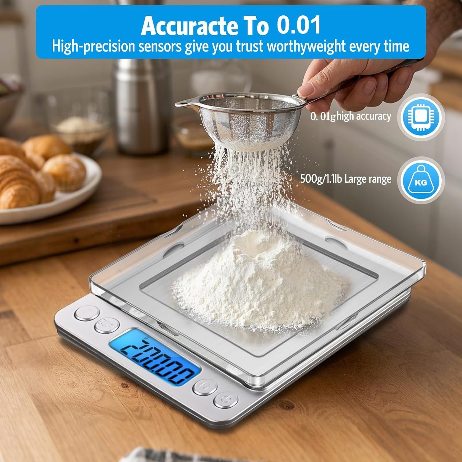 Báscula digital de cocina de 500 g, 0,01 g, báscula de cocina de alta precisión, báscula de bolsillo multifuncional de acero inoxidable con pantalla LCD retroiluminada, características de tara