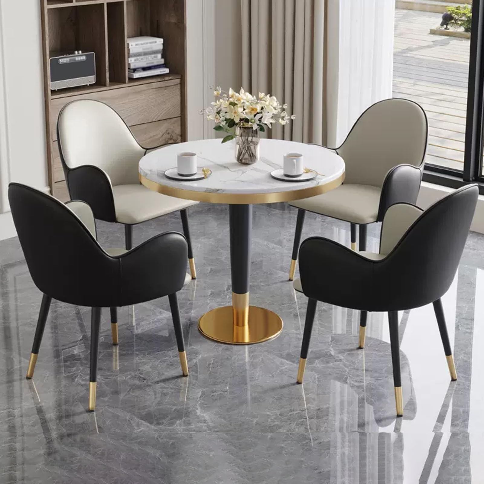 Set da Pranzo Rotondo in Marmo per 4 Persone - Elegante tavolino da caffè per Cucina, Ufficio, Bar, Balcone e Soggiorno - Elegante Arredamento da Salotto con sedie