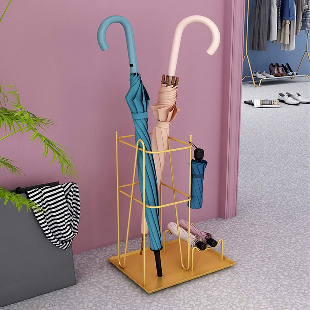 Umbrella Stand Indoor Umbrella Stand with Water Tray Decorative Organizer for Home Long and Short Umbrella Rack Metal Umbrella Holder for Walking Sticks Canes (golden) image 2
