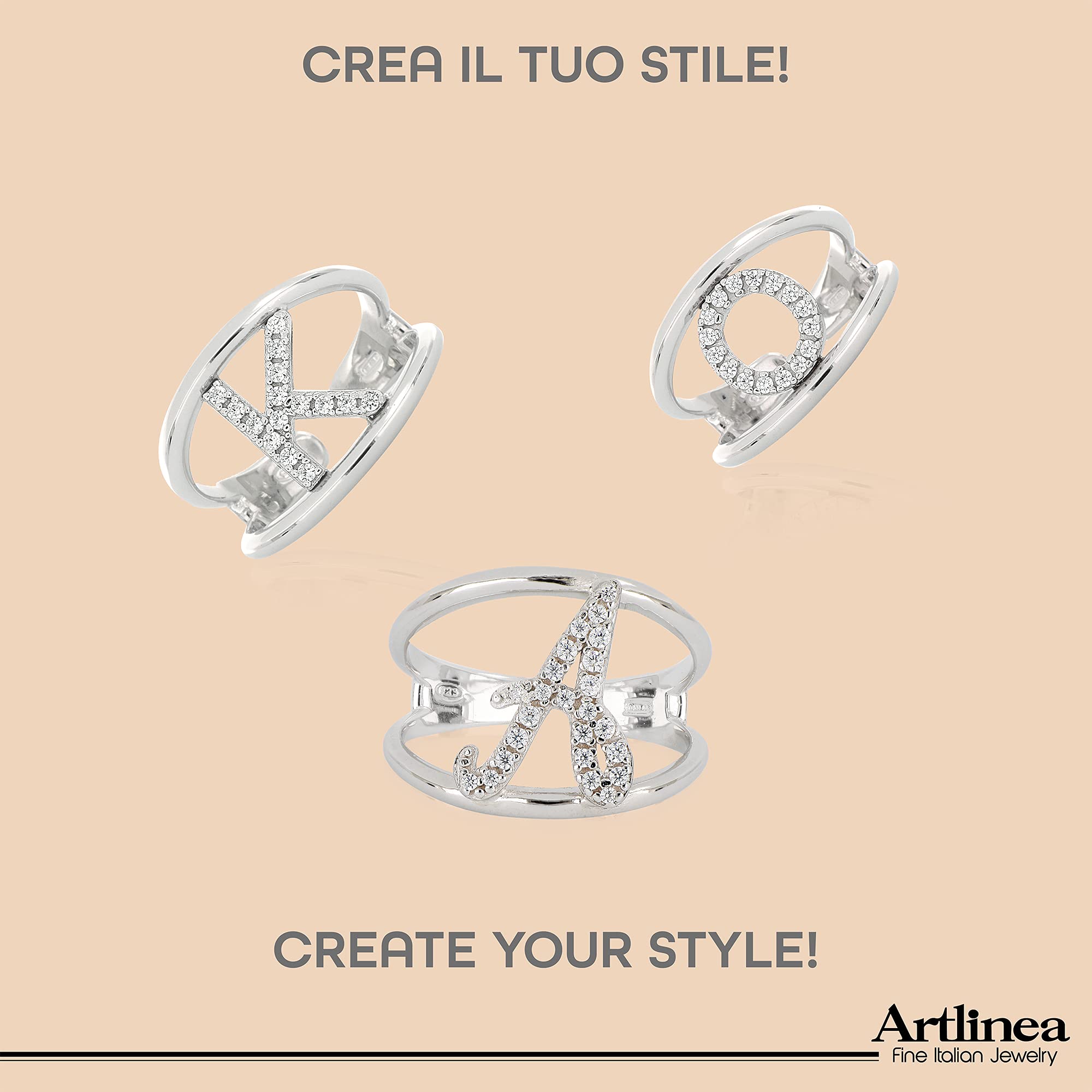 Artlinea, Anello in Argento 925 Sterling, Gioiello Personalizzato con la Lettera Maiuscola/Corsiva, con Pavé Zirconi, Retro Aperto con Misura Regolabile, Made in Italy