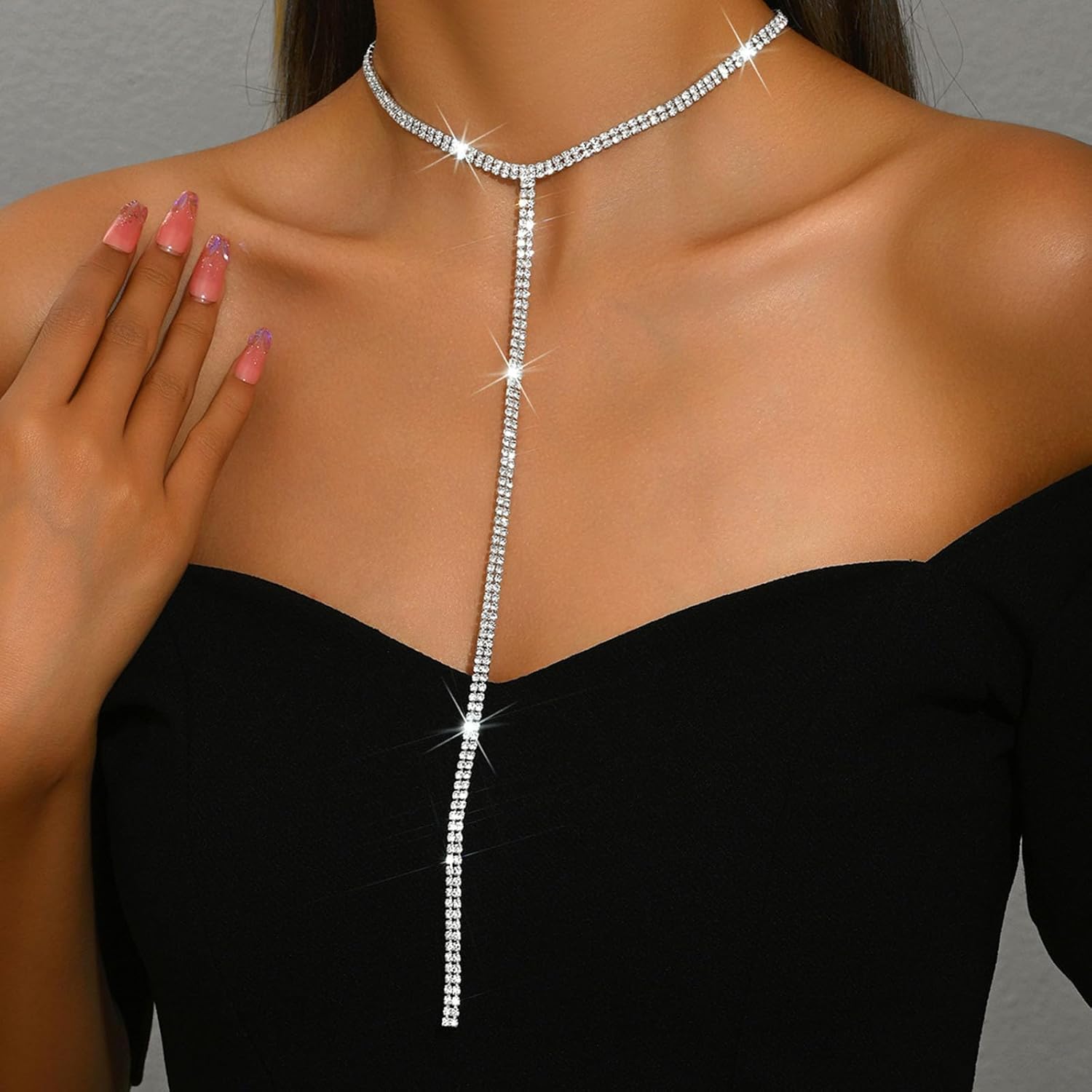 Cubic Zirconia Tennis Necklace Crystal Tennis Chain Lariat Necklace Long 2 Row Rhinestone Chain Tassel Y-Pendant Necklace Layered Tennis Choker Necklace Party Prom Jewelry for Women - Image 2