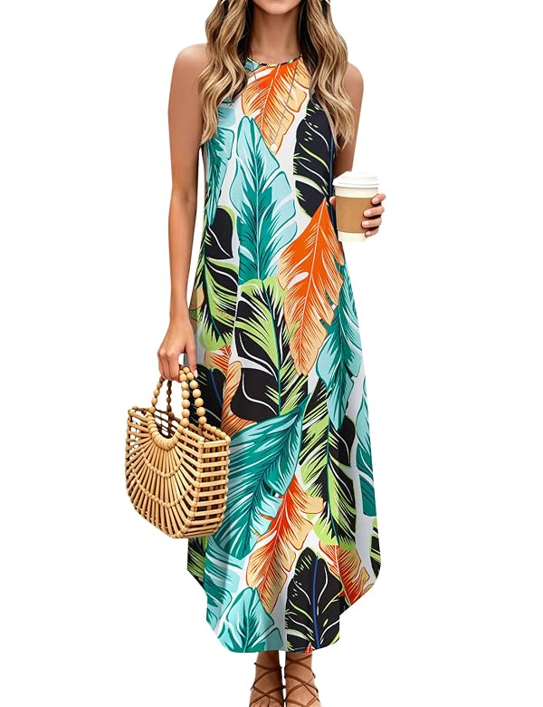 Halife Womens Summer Dresses Casual Maxi Sleeveless Boho Floral Beach Cover Up Long Dress Leaf L by Halife - Used condition - US$13.79