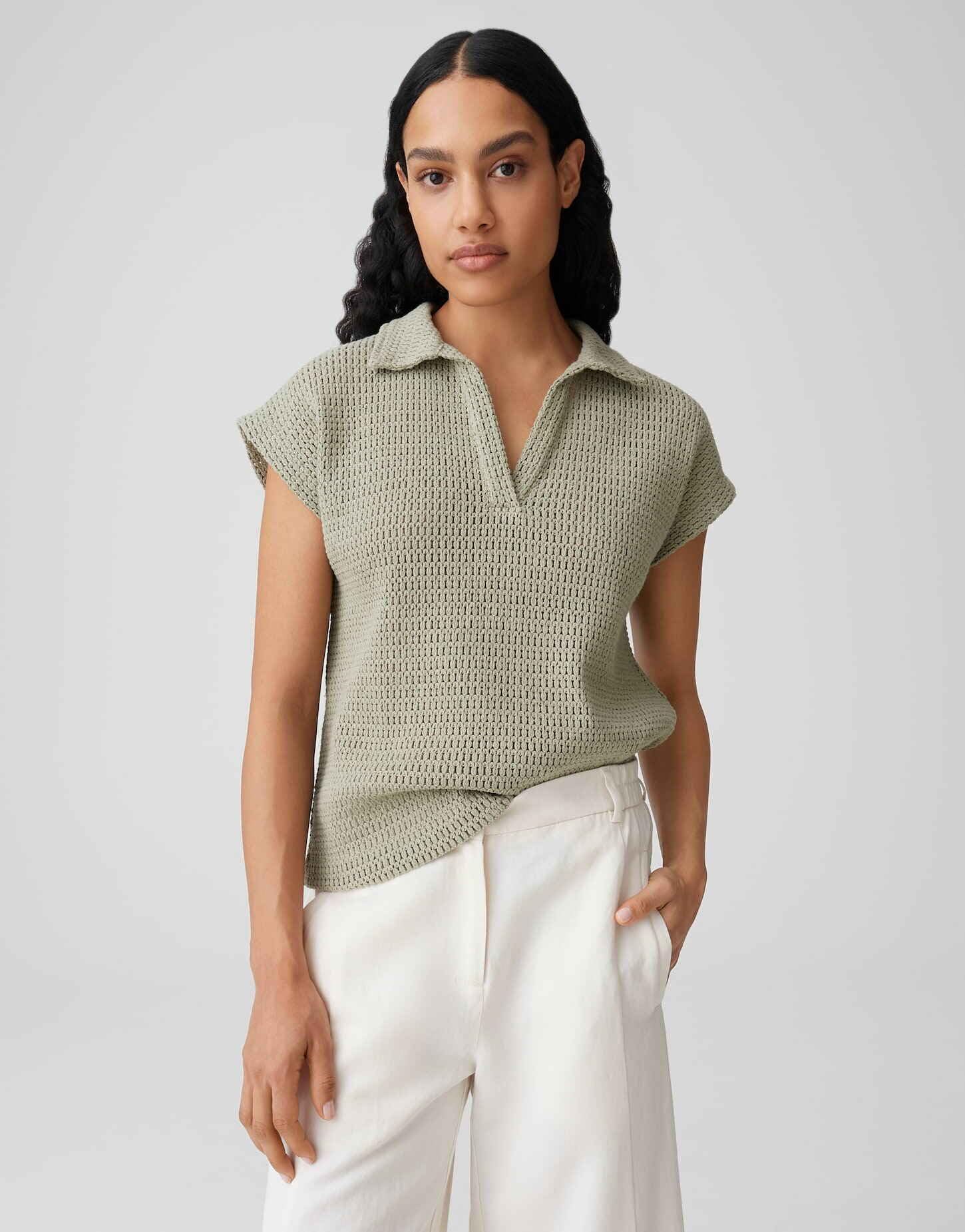 OPUS Damen Kurzarmshirt | Poloshirt in Häkeloptik Regular Fit