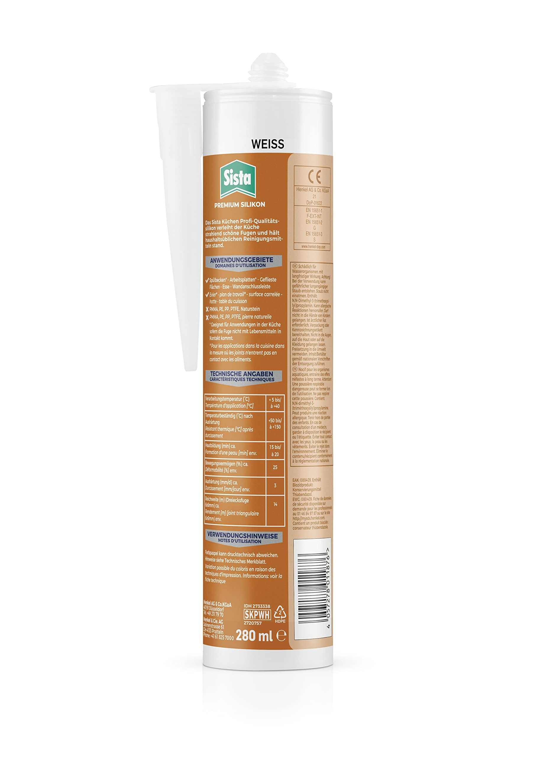 Sista Küche Profi-Qualität Silikon, scheuerfeste Fugenmasse für die Küche, wasserfestes Küchensilikon mit idealer Glättung, reinigungsmittelbeständige Dichtmasse, 12x280ml Kartusche