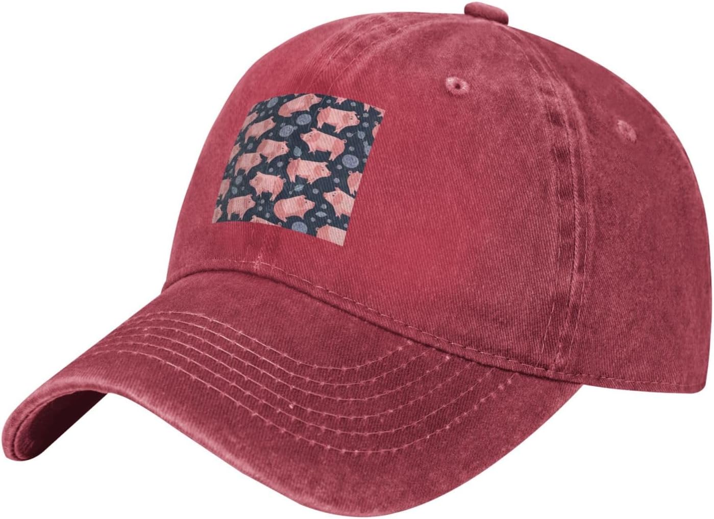 Black Classic Washed Denim Baseball Cap Cute Pigs Pattern Pattern Adjustable Cotton Hat for Men & Women