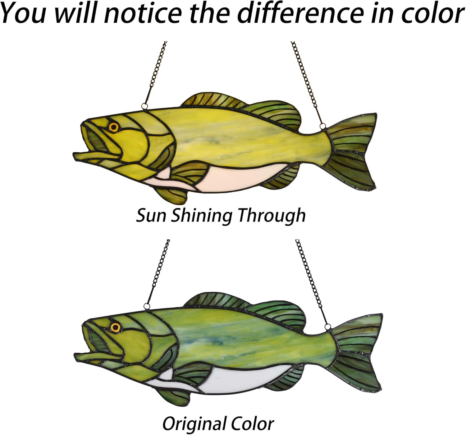 Bieye W10067 Largemouth Bass Fish Tiffany Style Stained Glass Suncatcher Window Panel with Chain, 16" W x 6" H