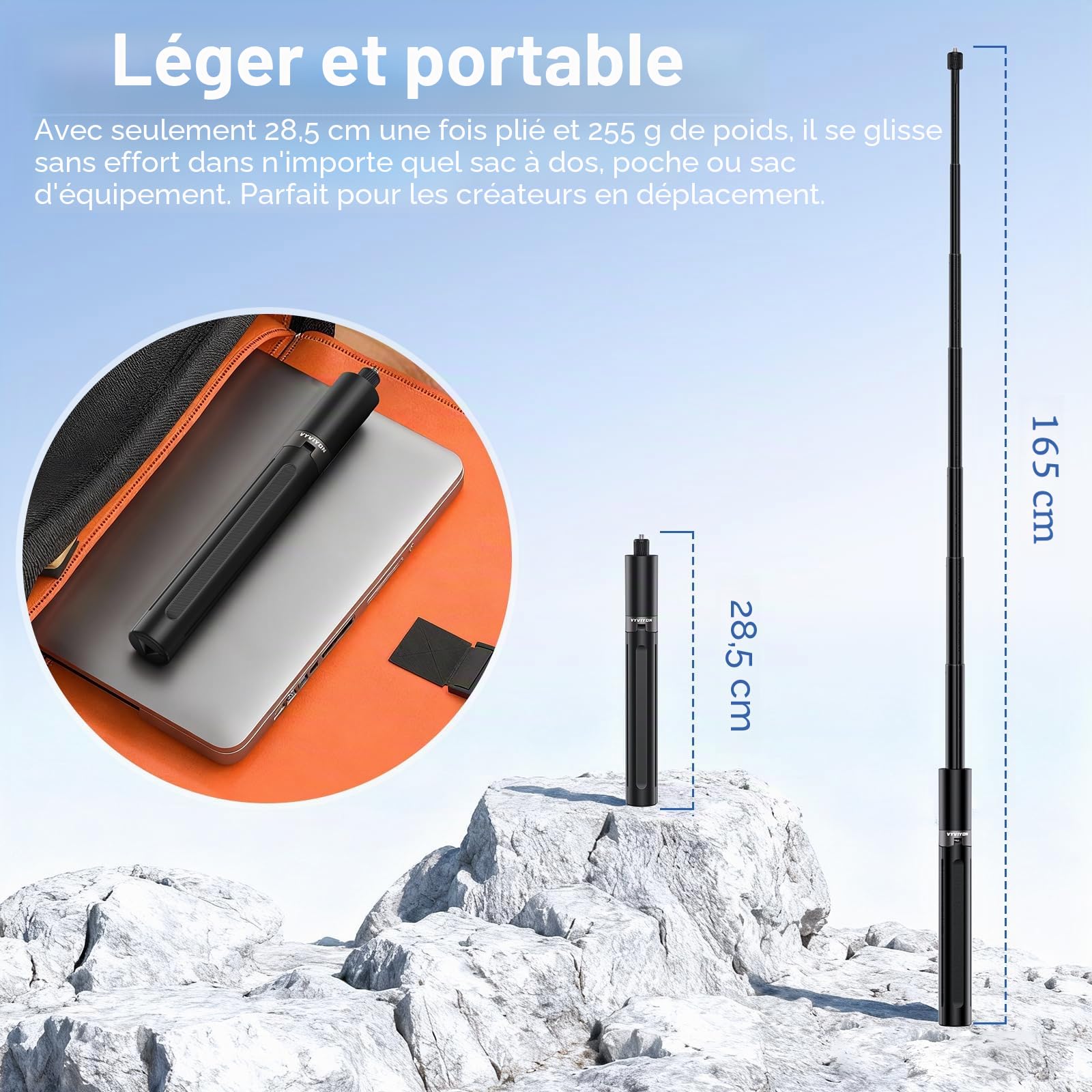 Trépied Invisible pour Perche à Selfie VYVIYON 65 Pouces, Monopode Extensible 2 en 1 pour Insta360 X5 X4ONE X2, poignée pour Perche à Selfie avec Adaptateur pour caméra d'action 1/4 Pouce pour GoPro