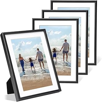 5x7 Picture Frame Set of 4, Matted Black Simple Modern Brushed Thin Aluminum Metal Photo Frame Fits 4x6 with Mat or 5 x 7 without Mat Vertical and Horizontal for Tabletop and Wall Mounting