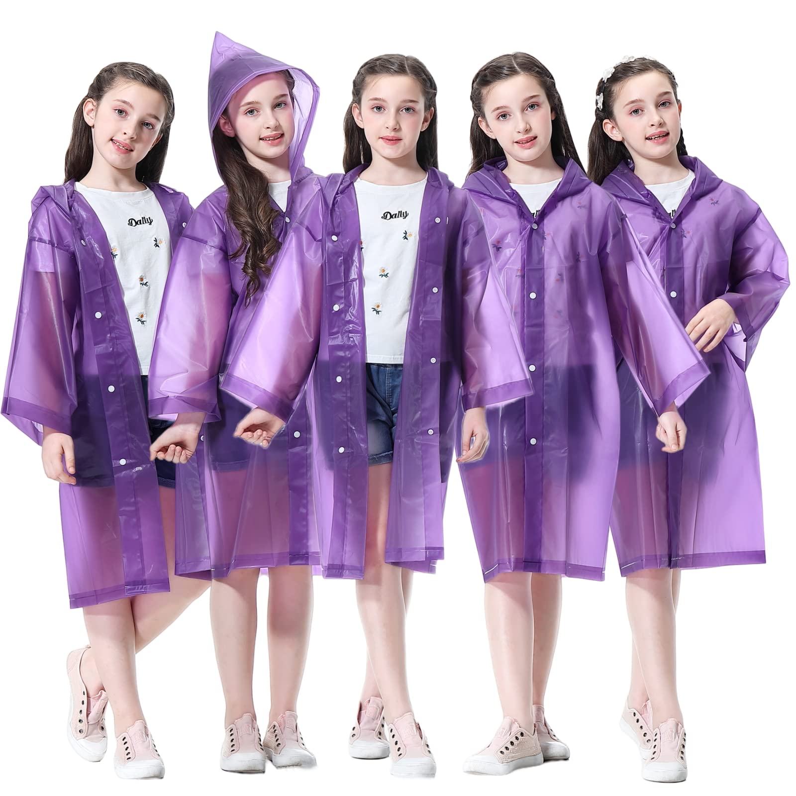 Rain Poncho for Kids Raincoat, 2-5 Pack Reusable EVA Rain Coats for 6-14 Boys Girls, Rain Jackets Gear with Hood