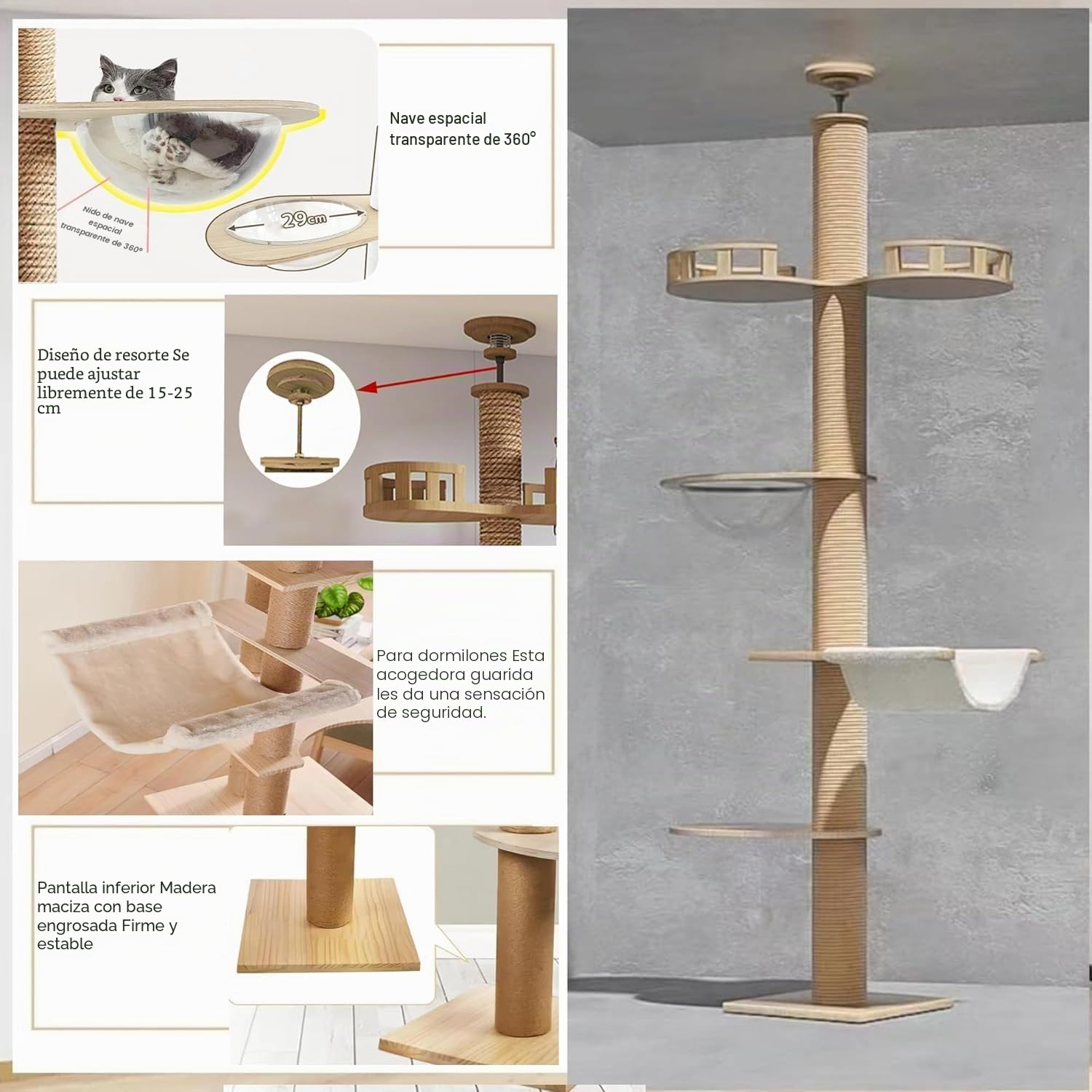 Rascador de Suelo a Techo, Altura Ajustable, 240 – 250 cm, 265 – 275 cm, Ancho 11 cm, Hamaca para Gatos, Totalmente Envuelta en Cuerda de sisal