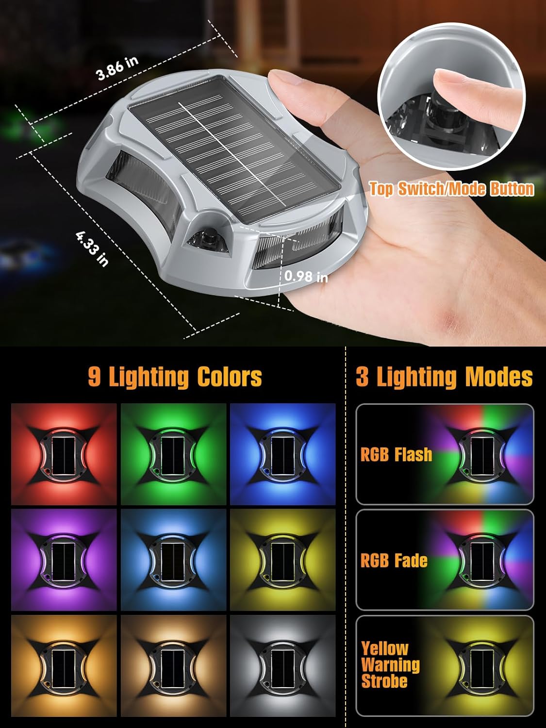 Solar Driveway Lights Solar Dock Lights 9 Colors in 12 Pack, Waterproof IP68, Outdoor, for Driveway Markers, Marine Dock, Pathway, Sidewalk, Warning Step