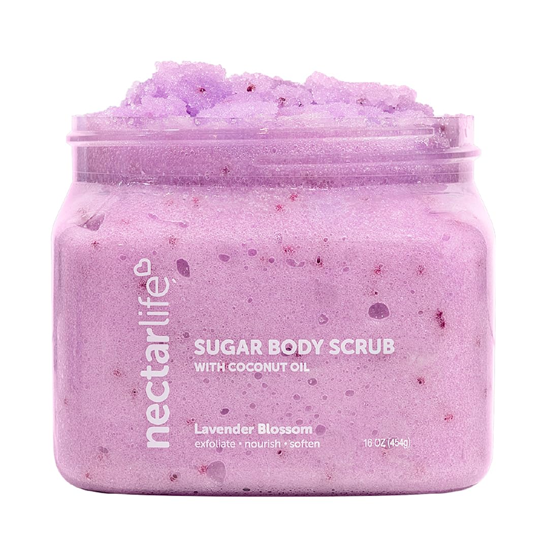 Nectar Life Exfoliating Sugar Scrub, Moisturizing Body Scrub with Coconut Oil & Shea Butter, Pre Shave Exfoliator (16 Ounce, Lavender)