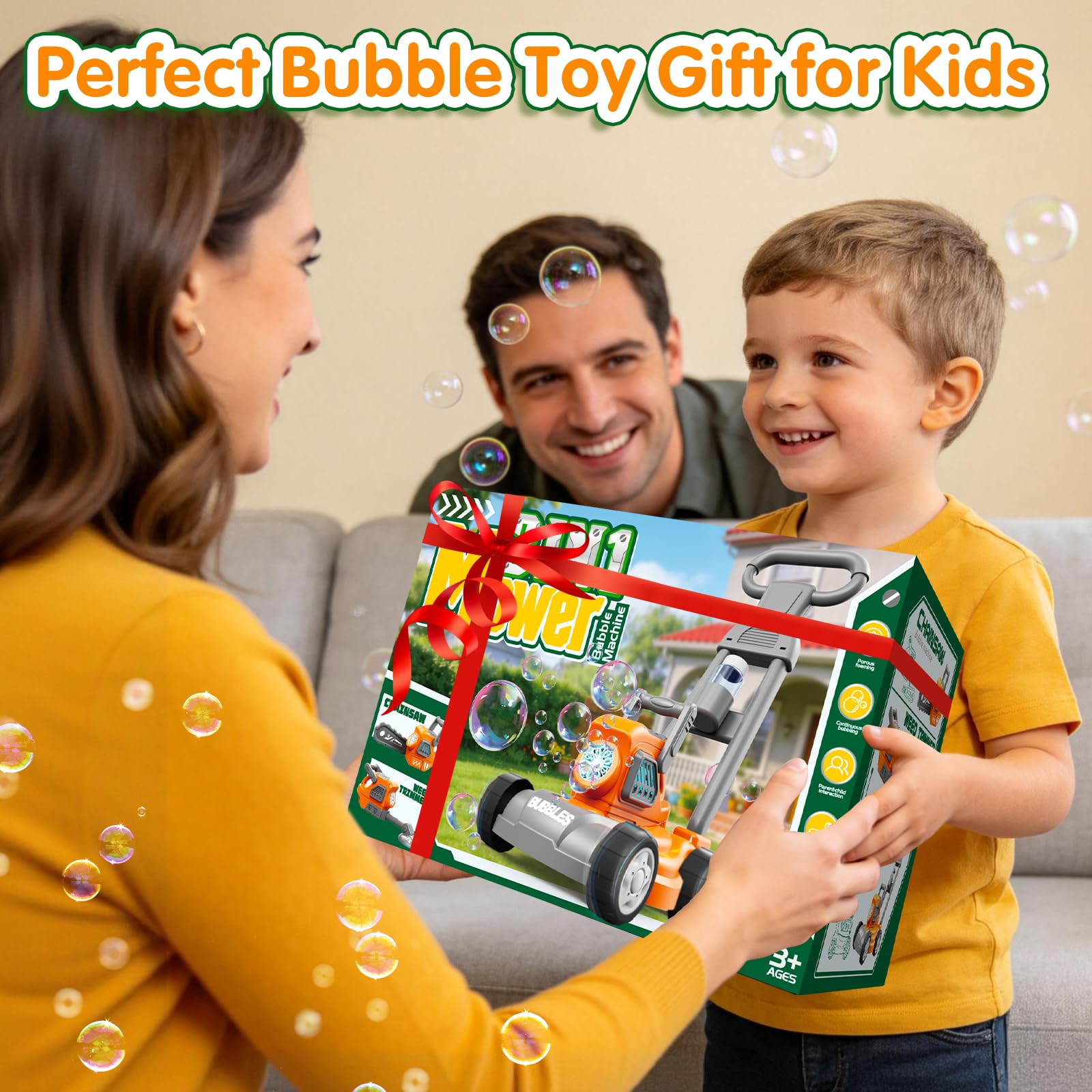Tosaerba Spara Bolle per Bambini, Macchina per Bolle 3-in-1 con 10 Soluzioni, Giochi all'Aperto per Bambini 3-8 Anni, Regalo di Compleanno Pasqua Estate per Ragazzi e Ragazze 3 4 5 6 7 8 Anni