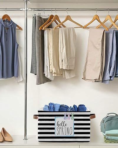 Miniatura 5 de Hello Spring - Cesta de almacenamiento de tela con diseño de conejito para estantes, cubos de almacenamiento de tela a rayas blancas y negras,