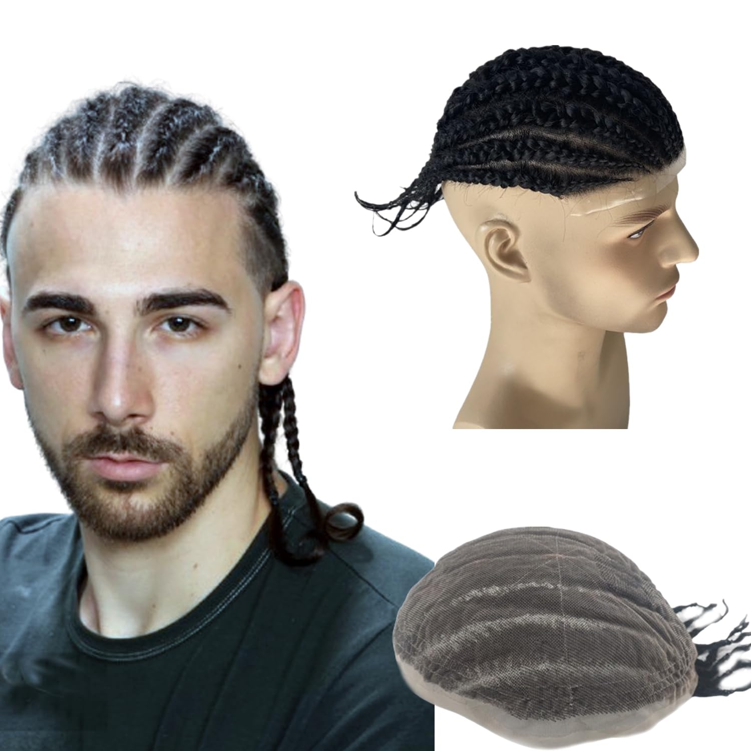 NLW Afro braid human hair Toupee for men Afro curl HD Swiss lace Hair pieces for mens Human hair replacement system 10x8" base size lace hair prosthesis units for black men Eight Strand Braids