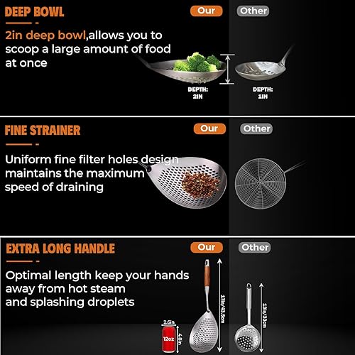Miniatura 8 de Skimmer - Cuchara ranurada de acero inoxidable 304 de 17 pulgadas para pasta, cuchara para cocinar y freír, cuchara coladora de metal grande con
