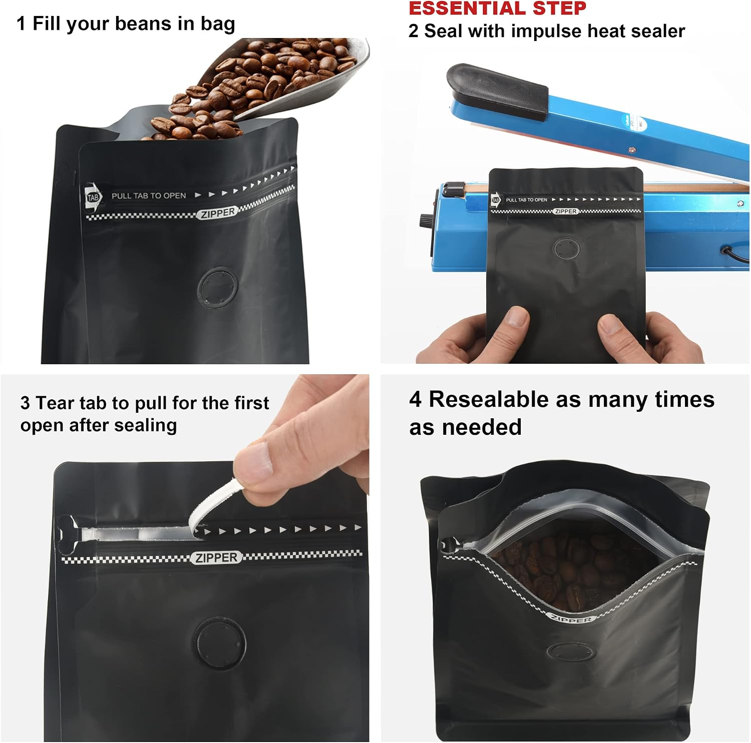 Matte Black Aluminum Foil Coffee Bags - Resealable, Degassing Valve, Flat Bottom Side Gusset Stand-Up Zipper Pouches with Pull-to-Open Tape, 50-Pack (Fits 12oz / 0.75lb / 340g Beans or Ground)