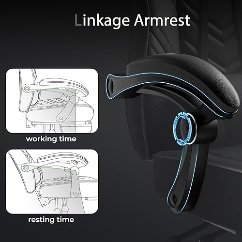 Miniatura 7 de POWERSTONE Silla de videojuegos con reposapiés y soporte lumbar, estilo carreras, piel sintética, ergonómica, ajustable, giratoria, color negro