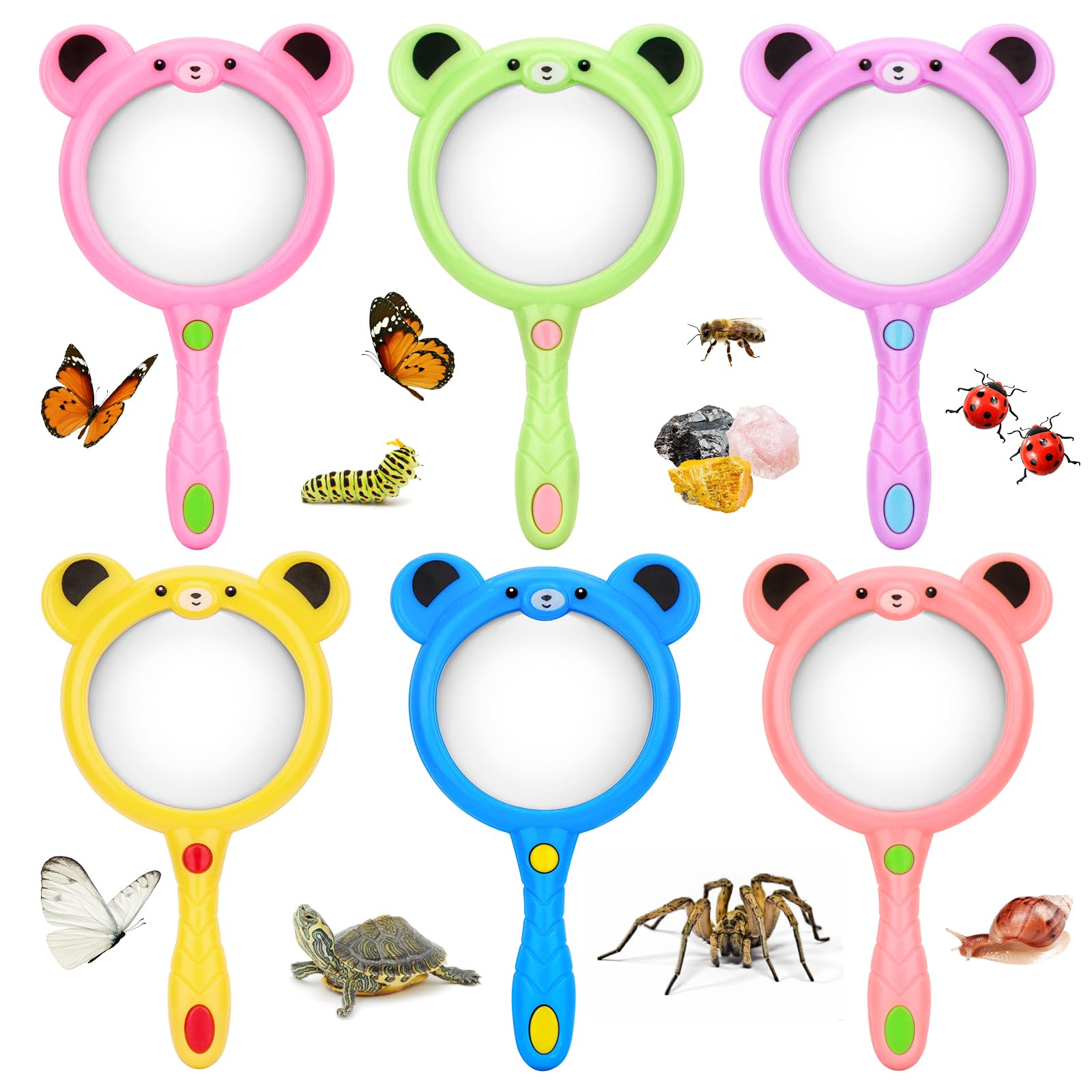 Homgaty Students Magnifying Glass Set - 6 Pack Colorful Bear Design 3X Magnifiers for Science Exploration & Nature Study