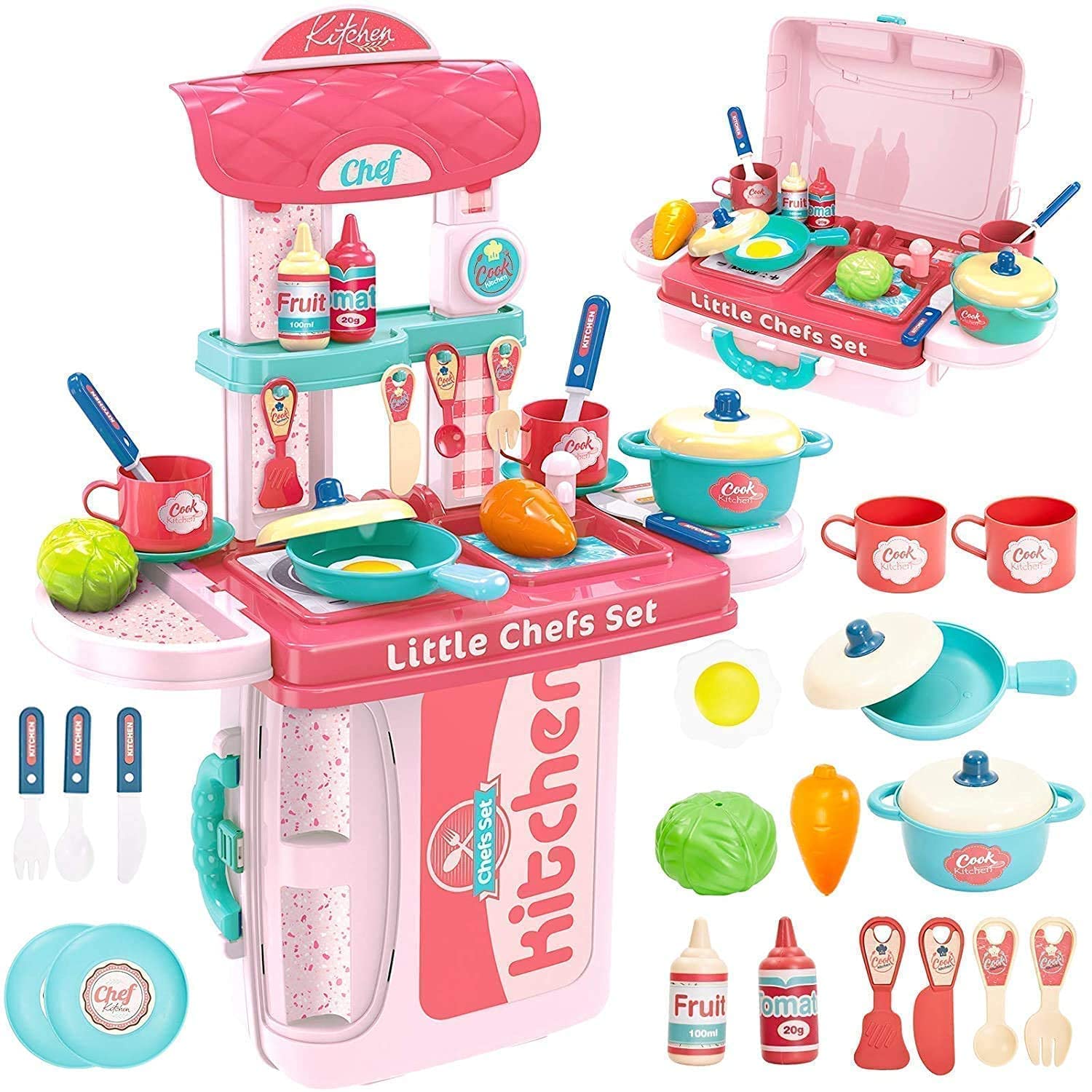 Ometer 3 in 1 Pretend to Play Plastic Kitchen Set with Comfortably Pack in Suitcase for Kids (Multicolour)