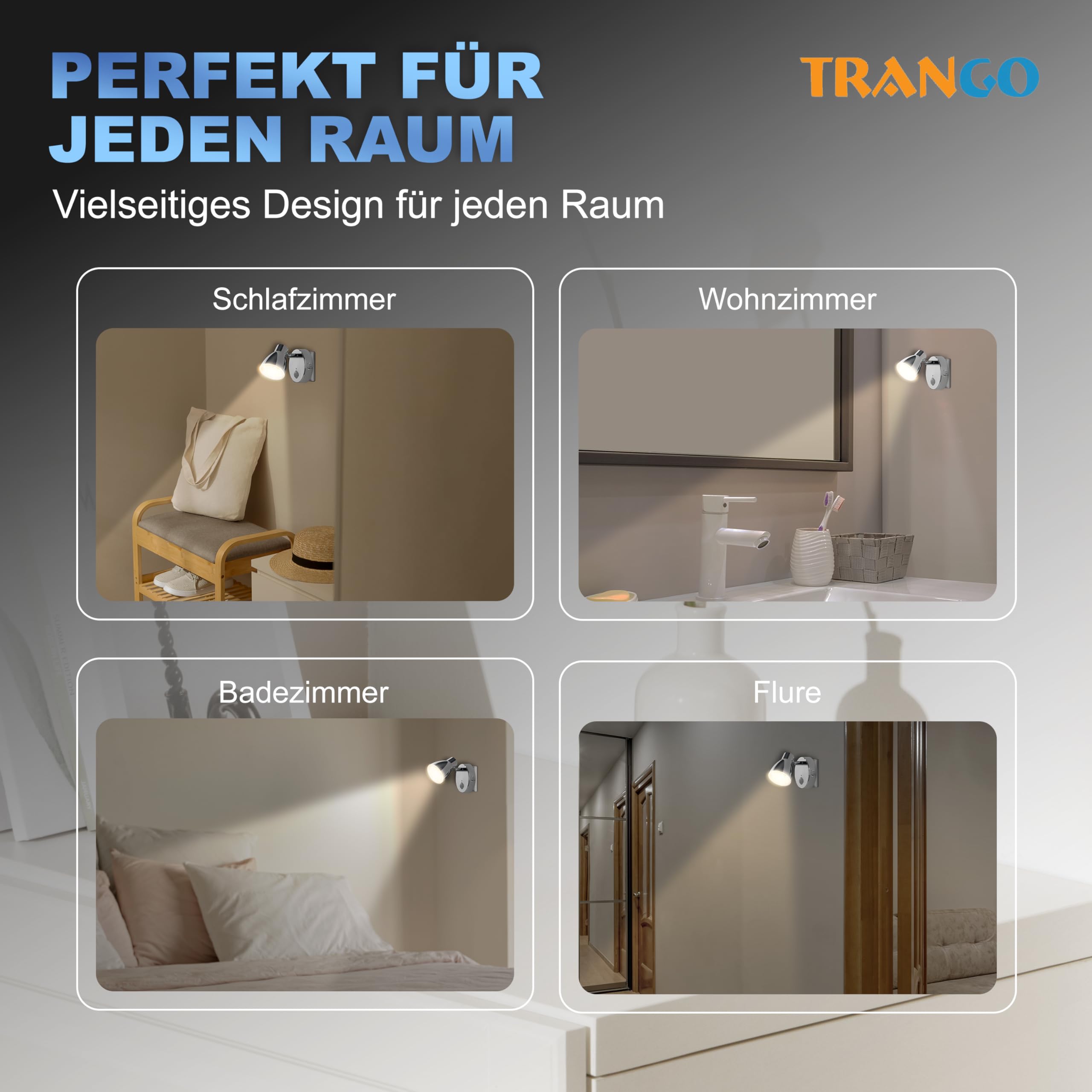Trango 2635-018 LED Sensor Nachtlicht – Chrom – Drehbar & Schwenkbar – Automatikfunktion – Bewegungssensor – 230V Steckdosenlampe – Sicherheits- & Orientierungslicht