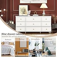 Vista 7 de FAMAPY Cómoda blanca con 9 cajones, cómoda de madera, asas de metal dorado, patas de madera, 9 cómodas para dormitorio