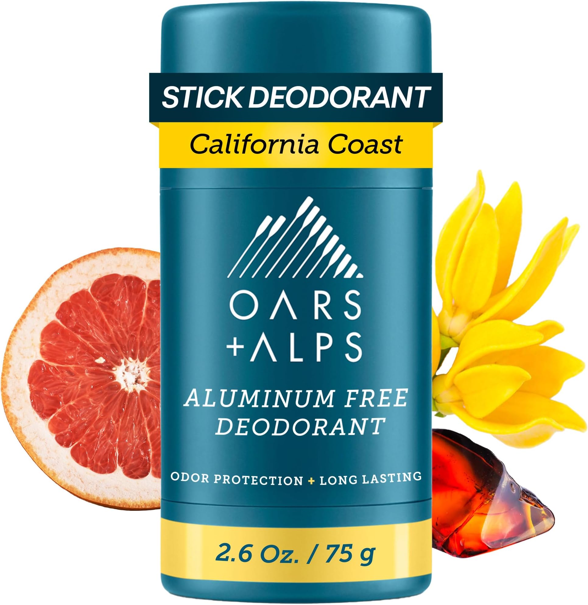 Oars + Alps Aluminum Free Deodorant for Men | Long Lasting Odor Protection, Clear & Free of White Residue, Anti-Chafing Smooth Glide, Dermatologist Tested, California Coast, 1pk, 2.6oz