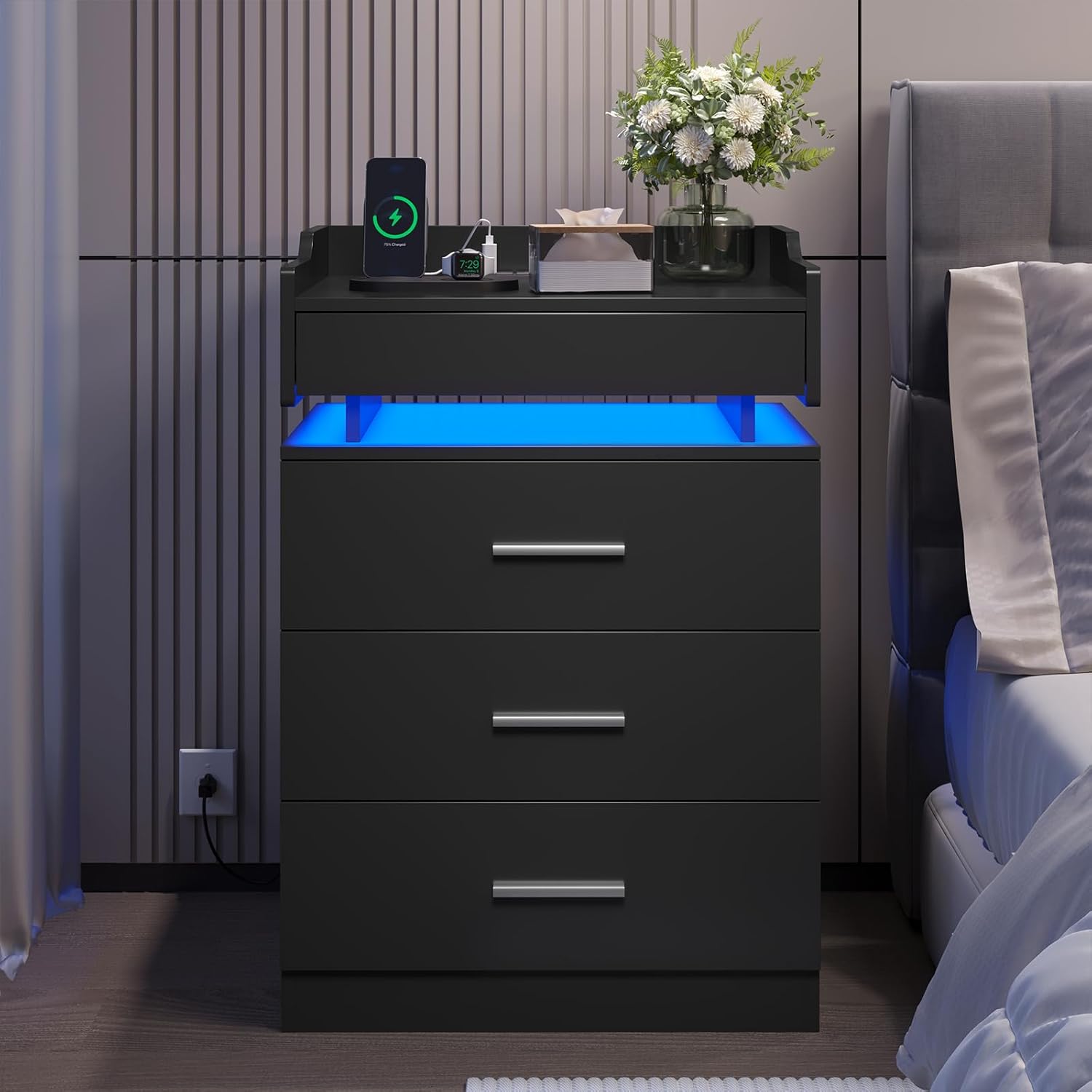 Black Nightstand Set of 2,LED Night Stand with Charging Station & Pull-Out Tray,Bedside Table with Drawers,Modern End Table Side Table Storage Cabniet