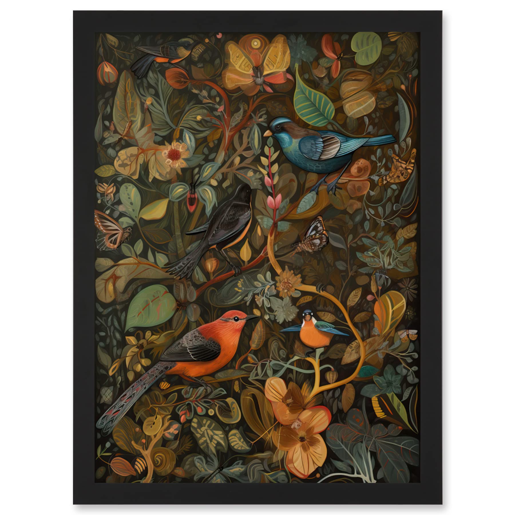 Artery8 Birds and Butterflies on Autumnal Tree Folk Art Artwork Framed Wall Art Print A4
