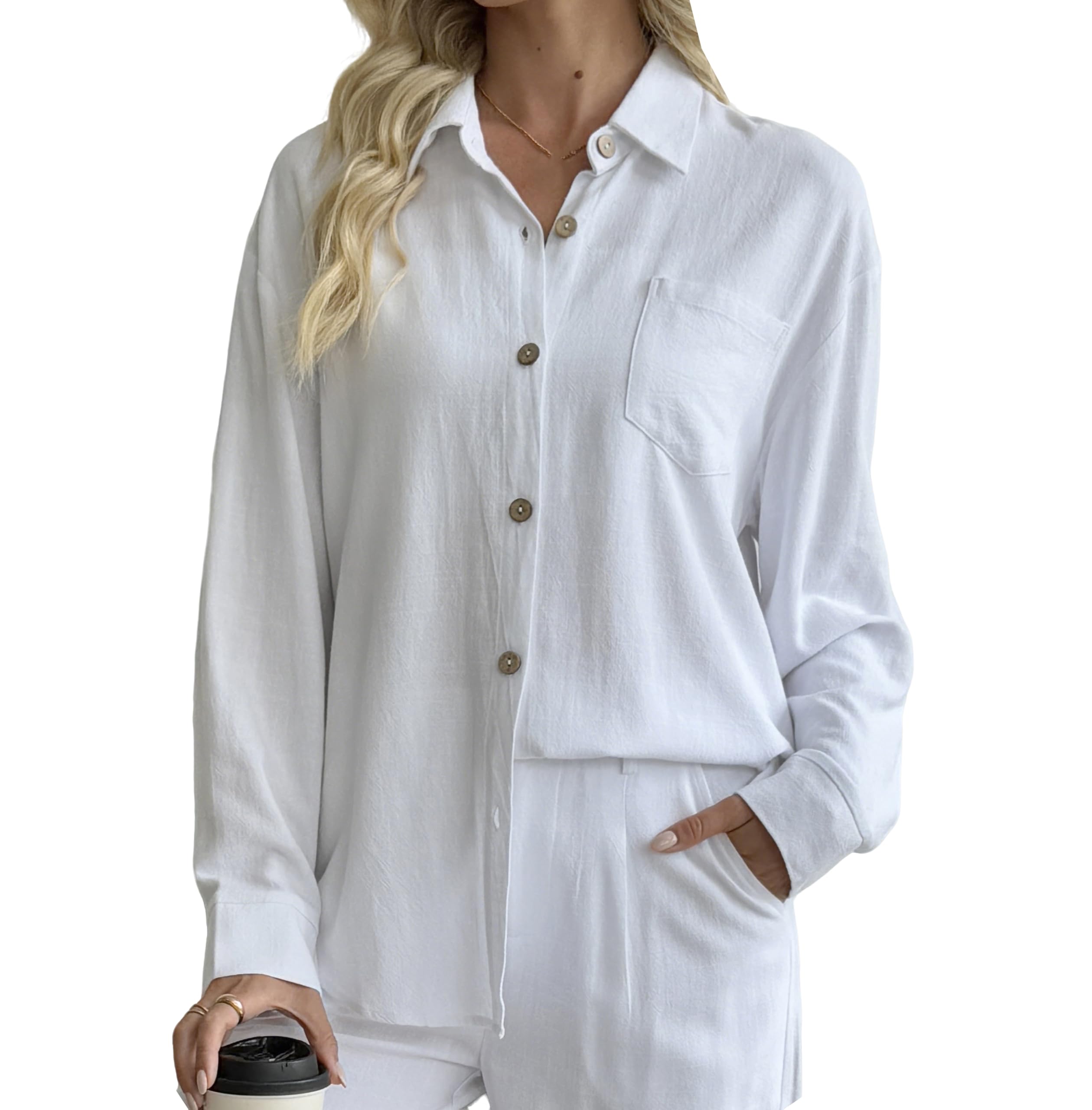 Fakanhui Chemise boutonnée en coton et lin à manches longues pour femme, chemisier ample décontracté surdimensionné