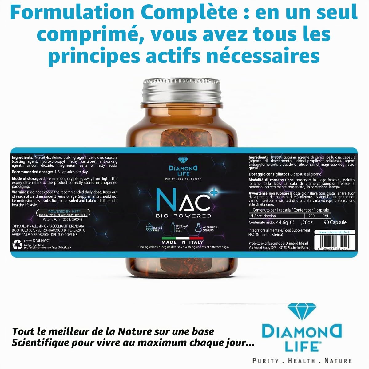 NAC BioPowered - Nutraceutique Bio-amélioré dans l'action antioxydante et détox - N-acétylcystéine Précurseur du glutathion - Haute biodisponibilité - 90 gélules