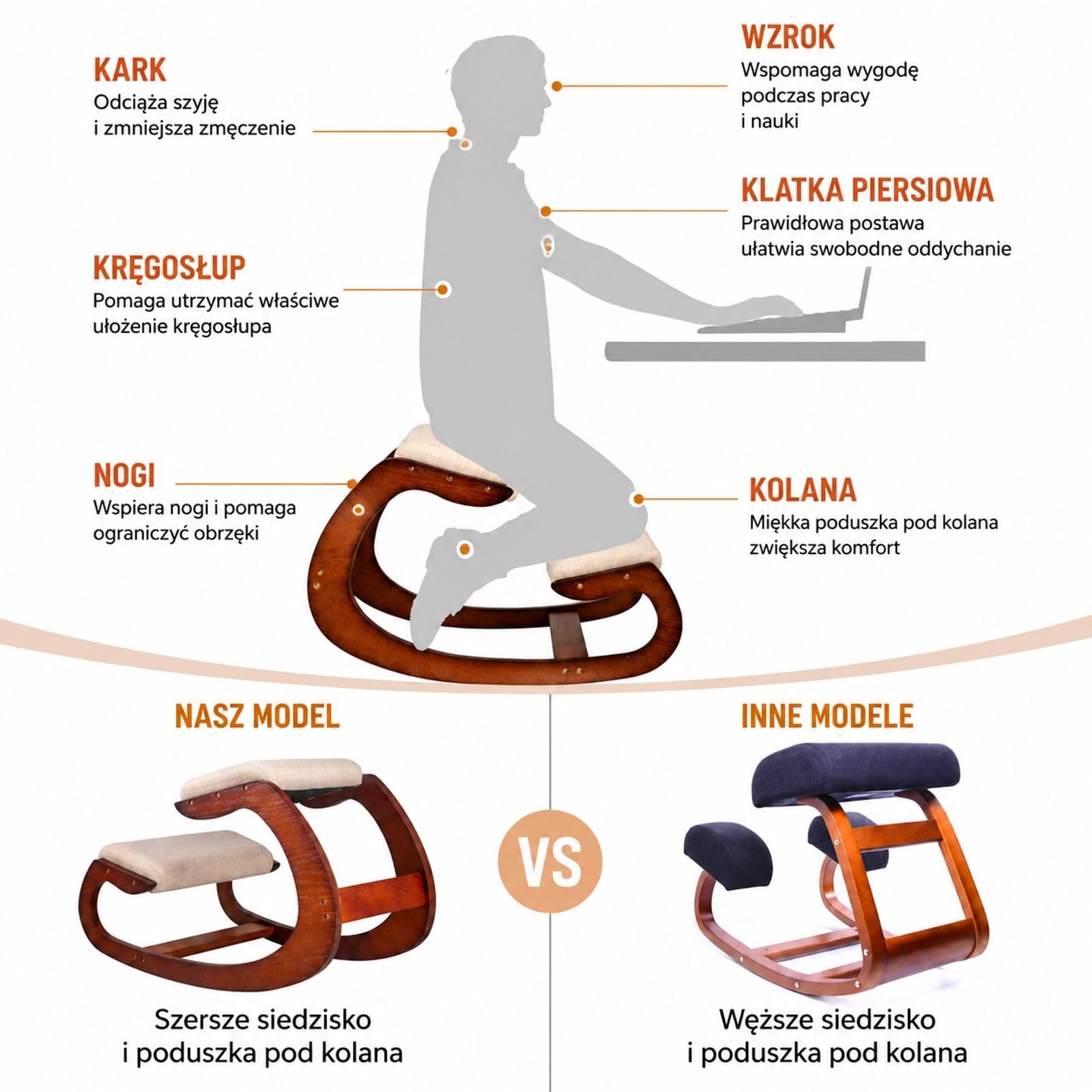 Ergonomiczne krzesło klęczące z regulowanym stołkiem pod kolana, bujaną ramą, drewnem brzozowym i piankowymi poduszkami do biura