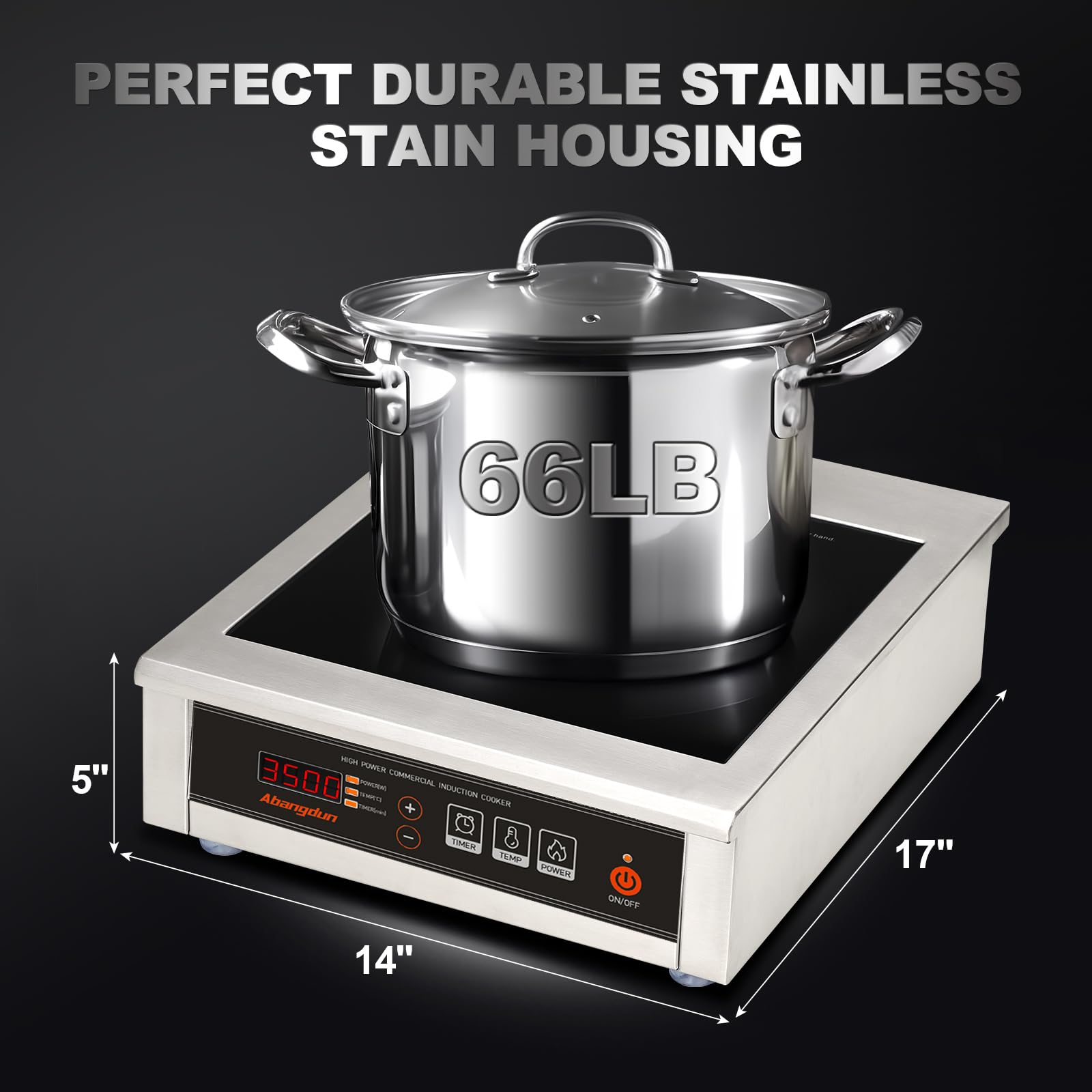 Komercyjna płyta indukcyjna 3500 W – 190-275 V, komercyjna płyta indukcyjna z 16 poziomami mocy, 60-240°C, timer 18 h, stal nierdzewna i szkło, do gastronomii, restauracji i kuchni