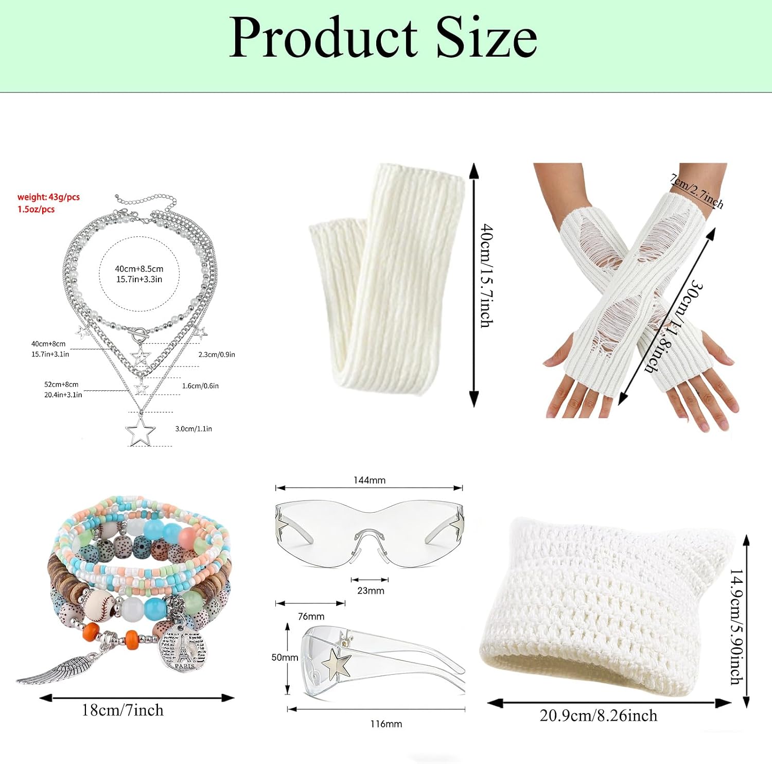 6PCS Therian Stuff,Y2k Jewelry Set with Grunge Necklace,Fingerless Gloves,Knitted Emo Beanie, Bracelet,Glasses,Leg Warmers image 2