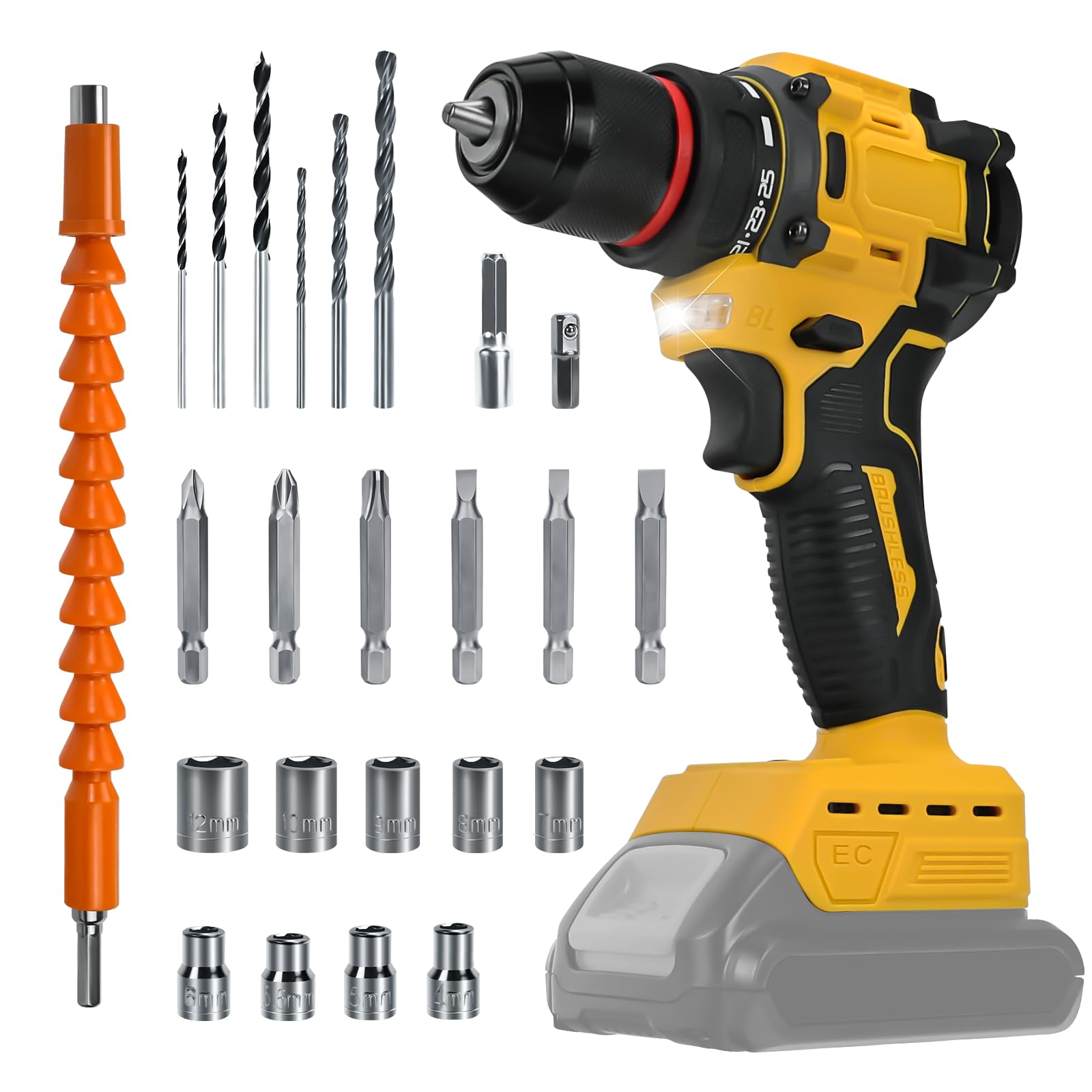 Taladro inalámbrico para batería Dewalt de 20 V, taladros eléctricos de 60 N.M, destornillador sin escobillas con 2 velocidades variables, portabrocas sin llave de 3/8 pulgadas, par de torsión 25+1