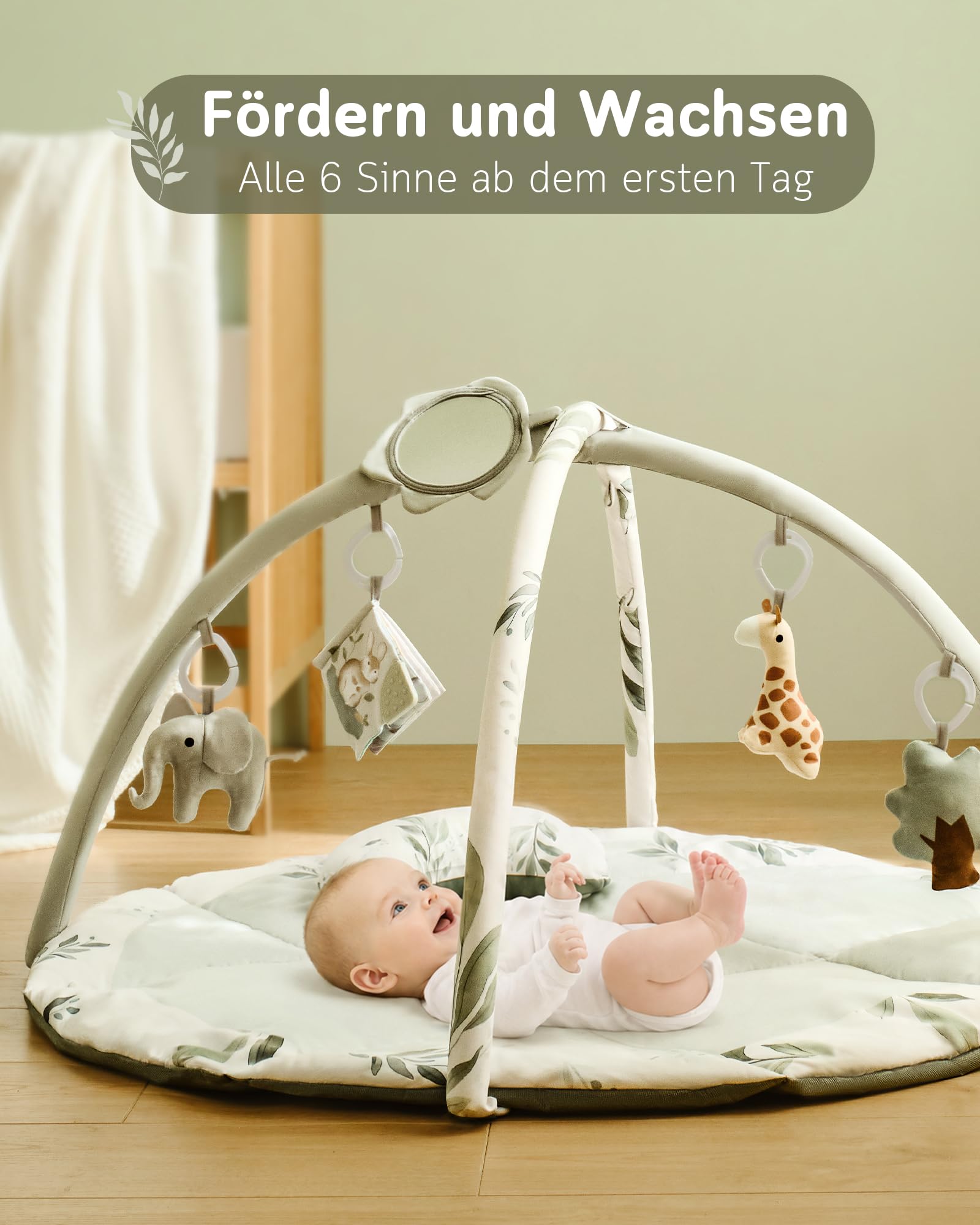 Fortella Spielbogen Baby, Spielmatte mit Bauchzeit Kissen und 5 Sensorik Spielzeug Abnehmbarem,Naturthemen Krabbeldecke für Babys ab der Geburt, Neugeborene & Kinder, 0-6-9-12 Monate-Salbeigrün